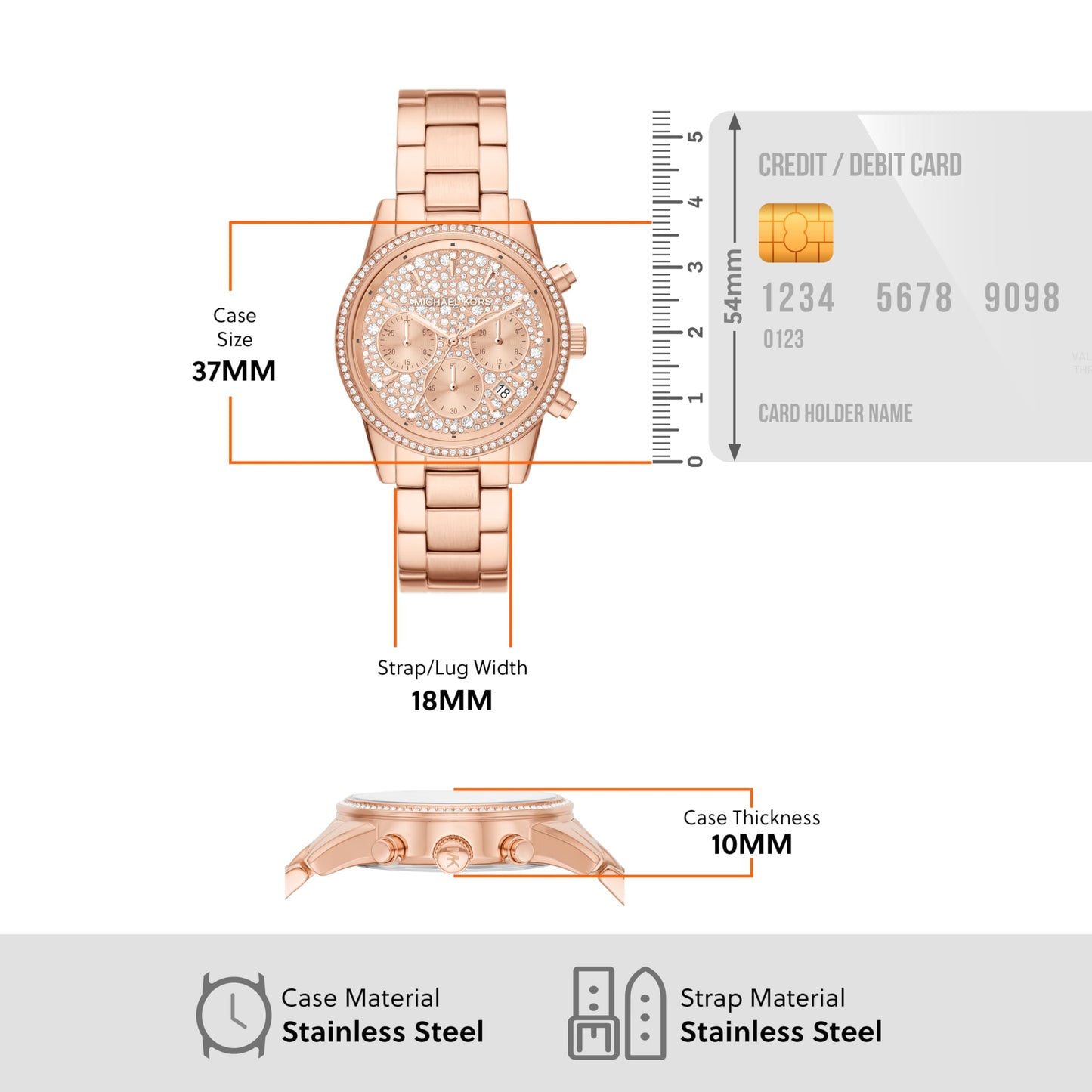 Michael Kors ladies' watch Ritz, 37 mm case size, quartz chronograph movement, stainless steel bracelet