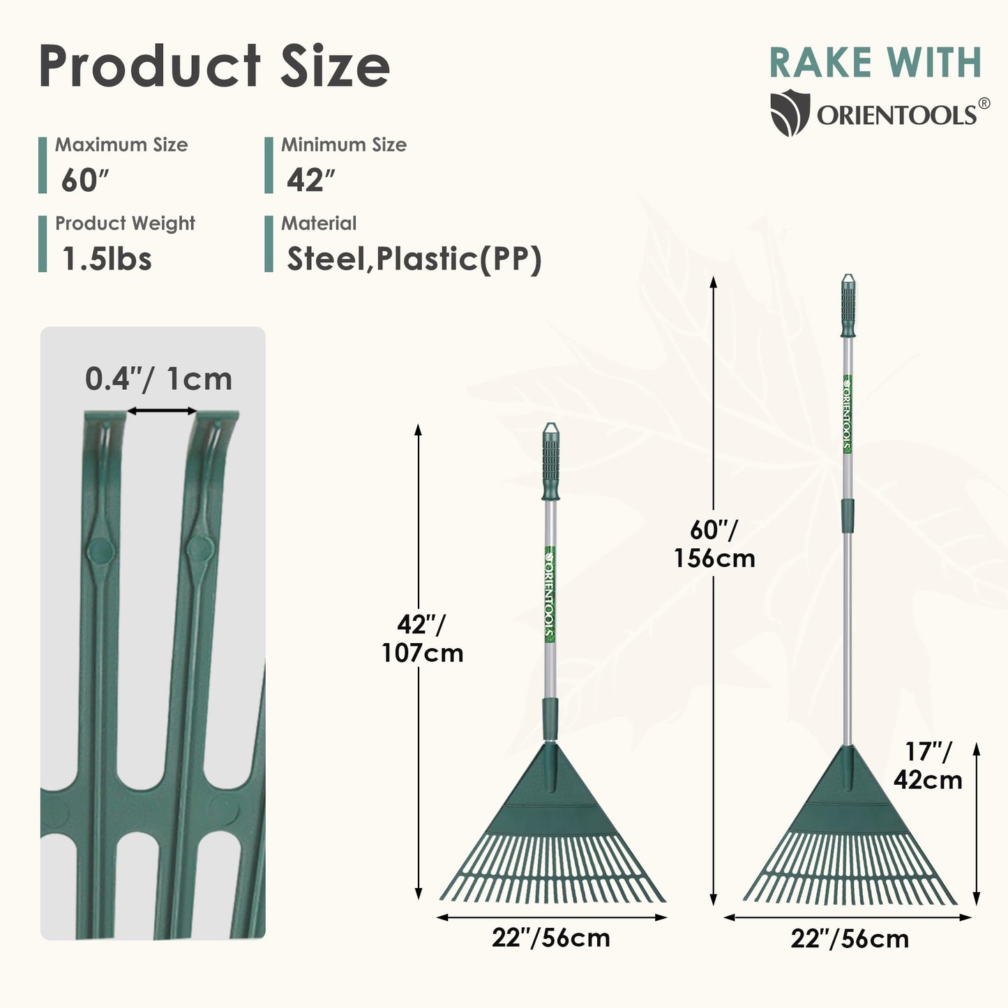 ORIENTOOLS Garten Laubrechen, Garten Rechen für Rasen Laub mit verstellbarem Griff 107 bis 156 cm Rechen, 22 Starke Zinken Kunststoff Kopf Strauch Rechen, Landschaftsbesen für Rasen und Blätter