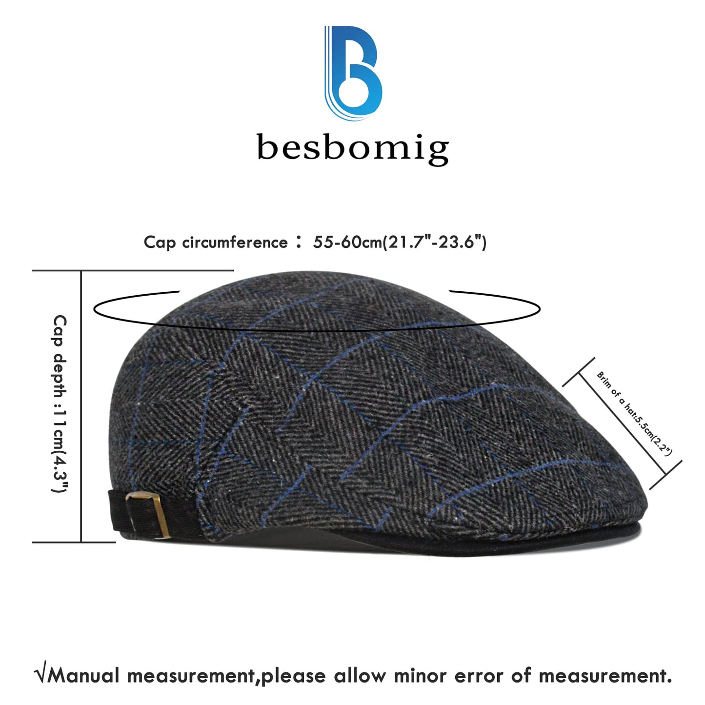 besbomig Schiebermütze Barret Flat Cap Schirmmütze für Herren Damen, Gatsby Newsboy Cap Baskenmützen Golfermütze, Frühling Herbst Winter, 55-59cm