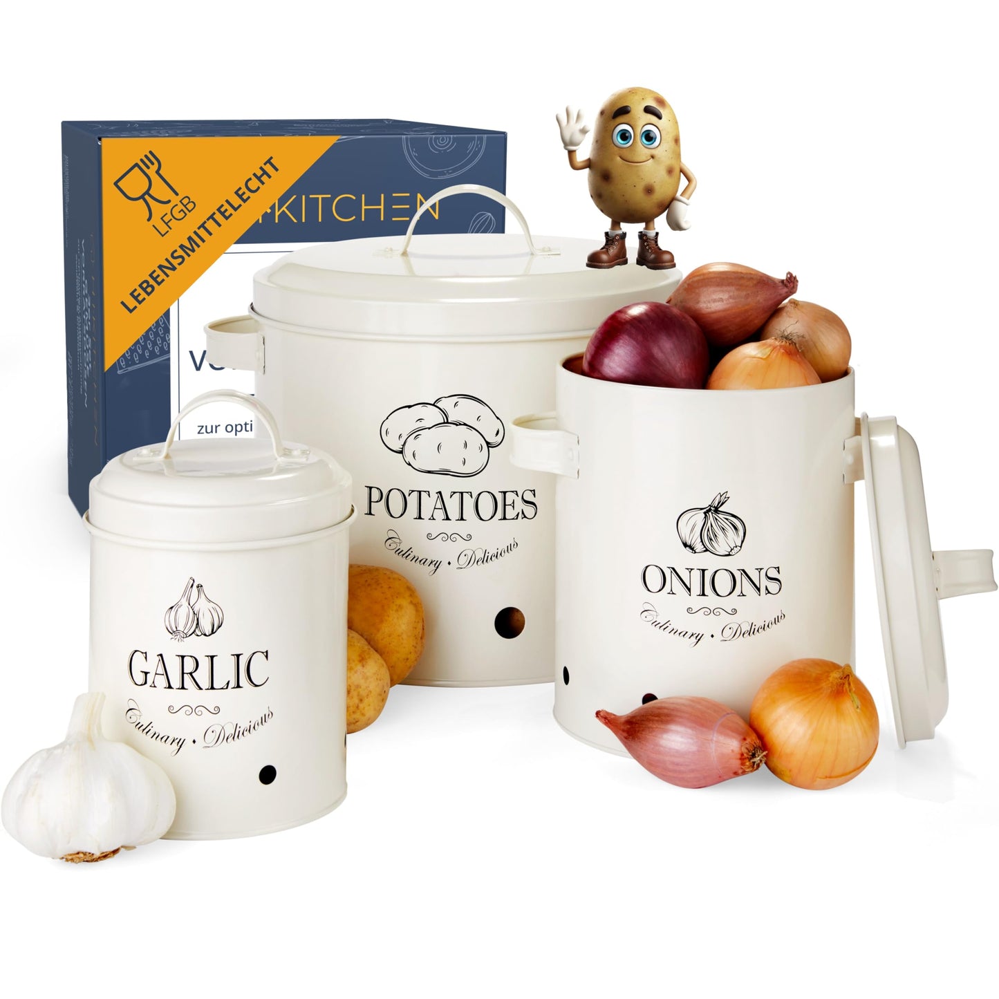 HIKITCHEN® Vorratsbehälter-Set für länger frisches Gemüse (schwarz) - Stilvolle Kartoffel-, Knoblauch- und Zwiebel-box/topf - Gemüsebehälter