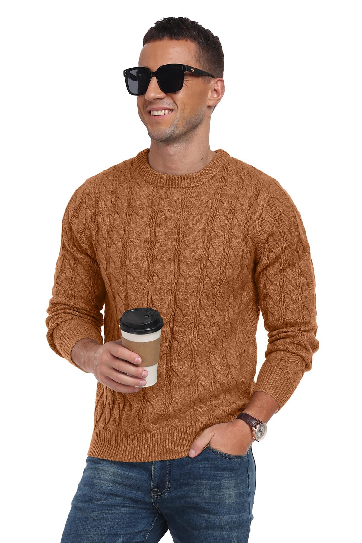 QIXING Men’s Cable Knit Sweater – Chunky Crewneck Pullover