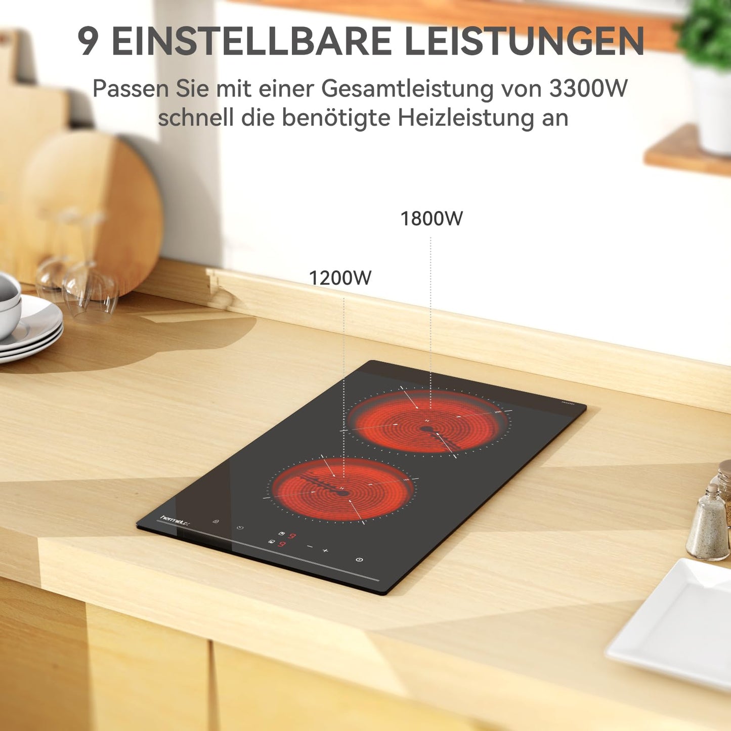Hermitlux ceramic hob,Built-in 29 cm black glass ceramic electric hob,9 power levels,Sensor touch control, child lock, 1-99 minute timer,Suitable for all pots and pans