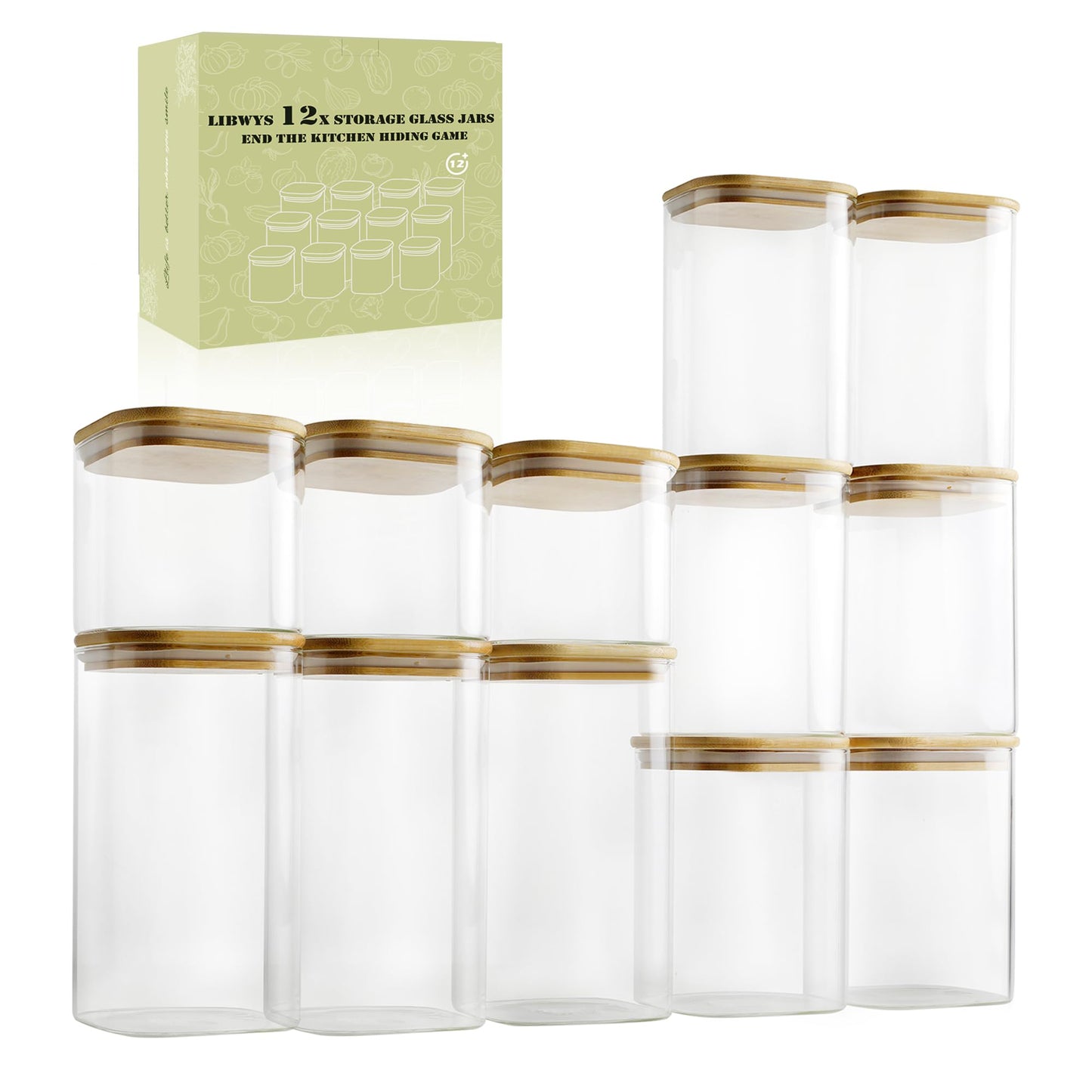LIBWYS 12er Set Vorratsgläser mit Deckel Eckig Vorratsdose Glas - in 3 Größen: 720ml;1150 ml; 1580 ml - 12pcs Plus Edition