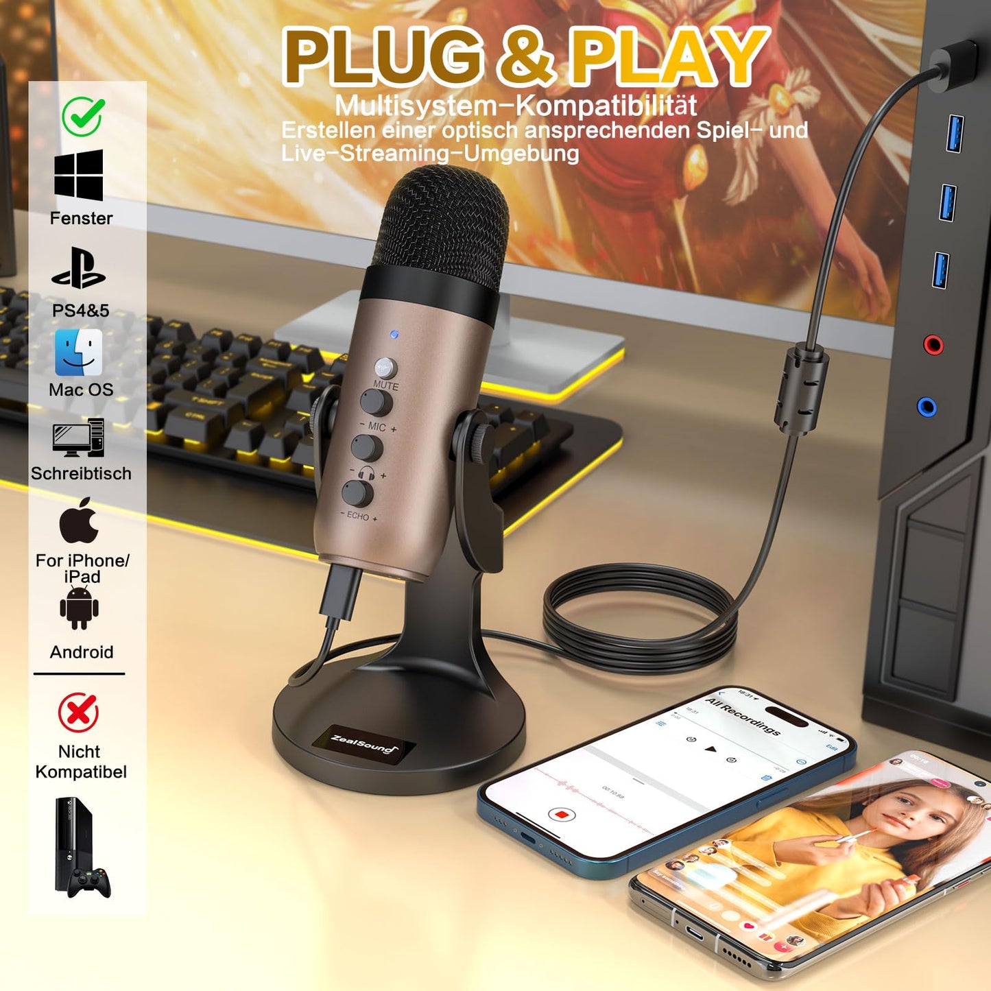 zealsound USB Mikrofon, Kondensator Mikrofon für PC Handy, PS4, PS5, Microphone PC USB C für Gaming, Podcast,Aufnahmen,Streaming,ASMR mit Stumm/Gain/Echo, Adapter für Phone,Kompatibel mit Mac, Winows