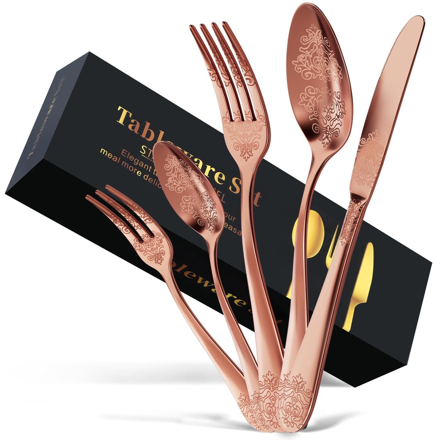 DRAGON RIOT Besteck Set 6 Personen - 30 teilig Edelstahl Besteckset Roségold, Elegantes Bestecksets mit Messer Gabel Löffel, Cutlery Set für Haus/Party/Restaurant