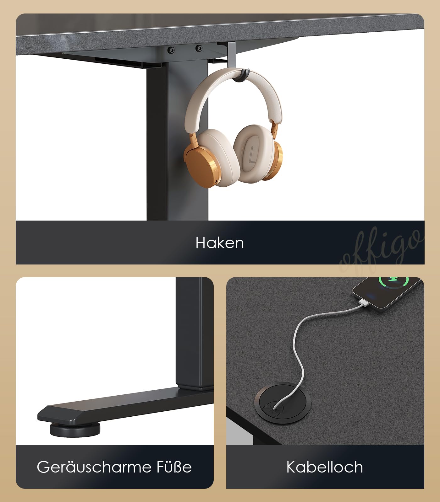 OffiGo Höhenverstellbarer Schreibtisch, 180cm, Elektrischer Schreibtisch mit USB, Schreibtisch Höhenverstellbar mit 2 Memory Funktion, Tisch Höhenverstellbar für Büro, Zuhause, Gaming, Schwarz
