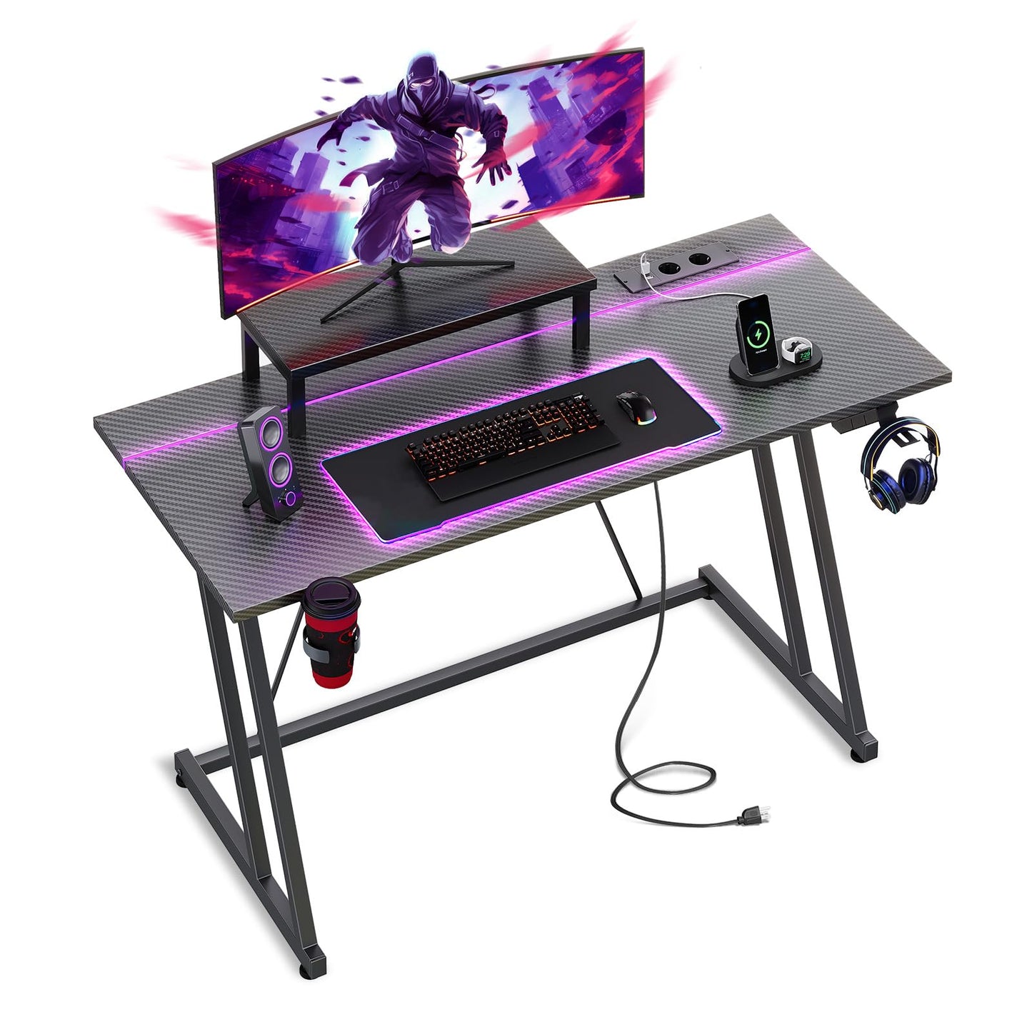 ODK Gaming Tisch mit LED & Steckdose, Gaming Schreibtisch mit Becherhalter und Kopfhörerhaken, Doppel-Z-Rahmen-Design Kleiner Computertisch, Carbon Fiber Schwarz PC Tisch 120 cm