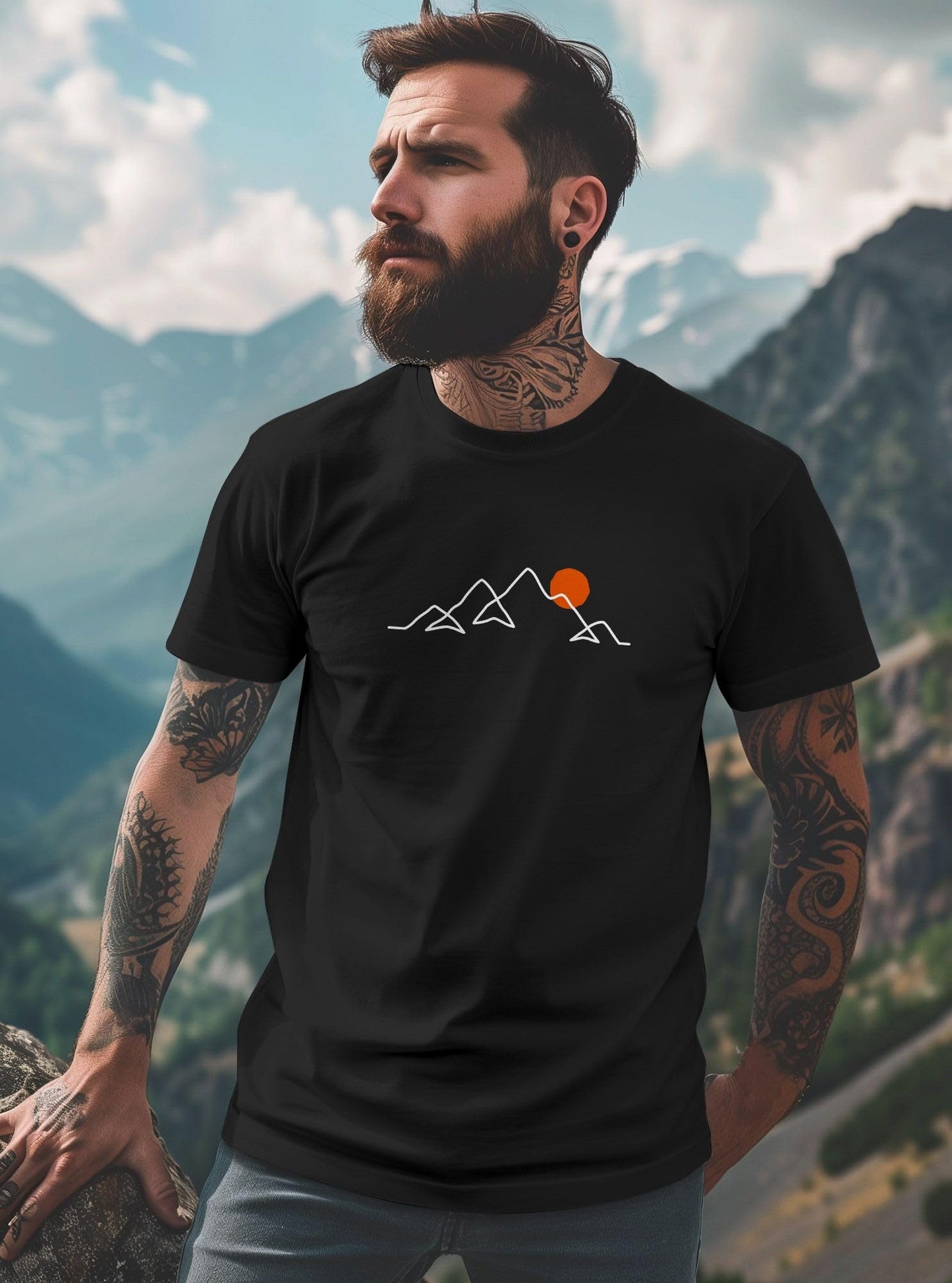 Neverless® Men’s Line-Art Mountain Print T-Shirt