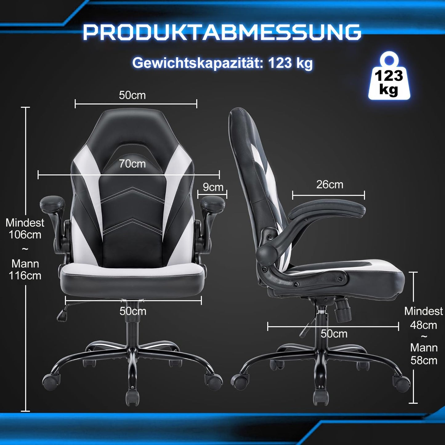 DUMOS Gaming Chair - Ergonomic Gaming Chair, Adjustable Swivel Gaming Chair Made of PU Leather with Folding Armrests, Suitable for Home, Offices etc. (Black-Gray)