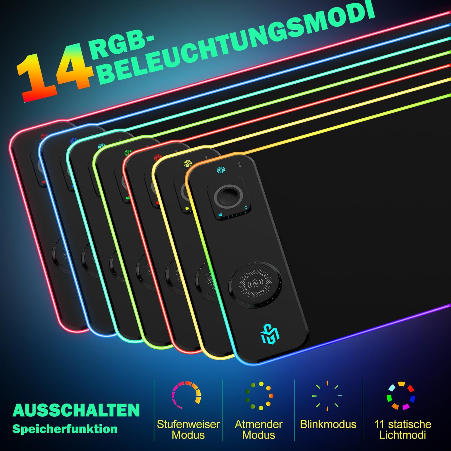 RGB Gaming Mauspad 15W Qi Mousepad LED, 10 Beleuchtungsmodi mit 15W Schnellladung Qi Kabelloses Laden für I-Phone Handy, Kopfhörer, Wasserdicht, rutschfest für Gaming, Schreibtische, PC und Büro