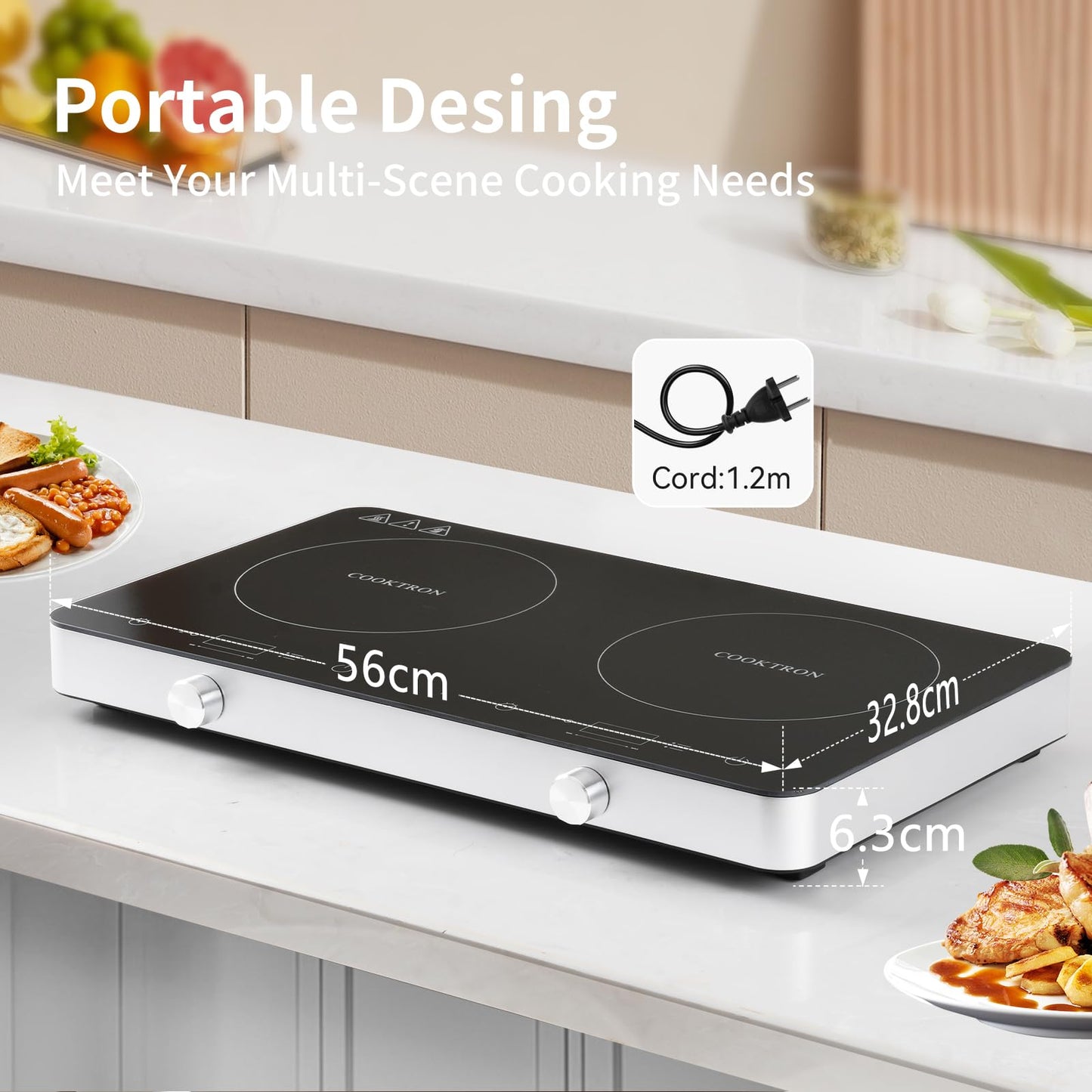 COOKTRON Induktionskochfeld 2 Platten Mobil, 3500W Doppel-Induktionskochplatte mit 6 Leistungsstufen, 10 Temperaturstufen, 3-Stunden-Timer, Touch-Steuerung, Ideal für Camping und Küche, Schwarz