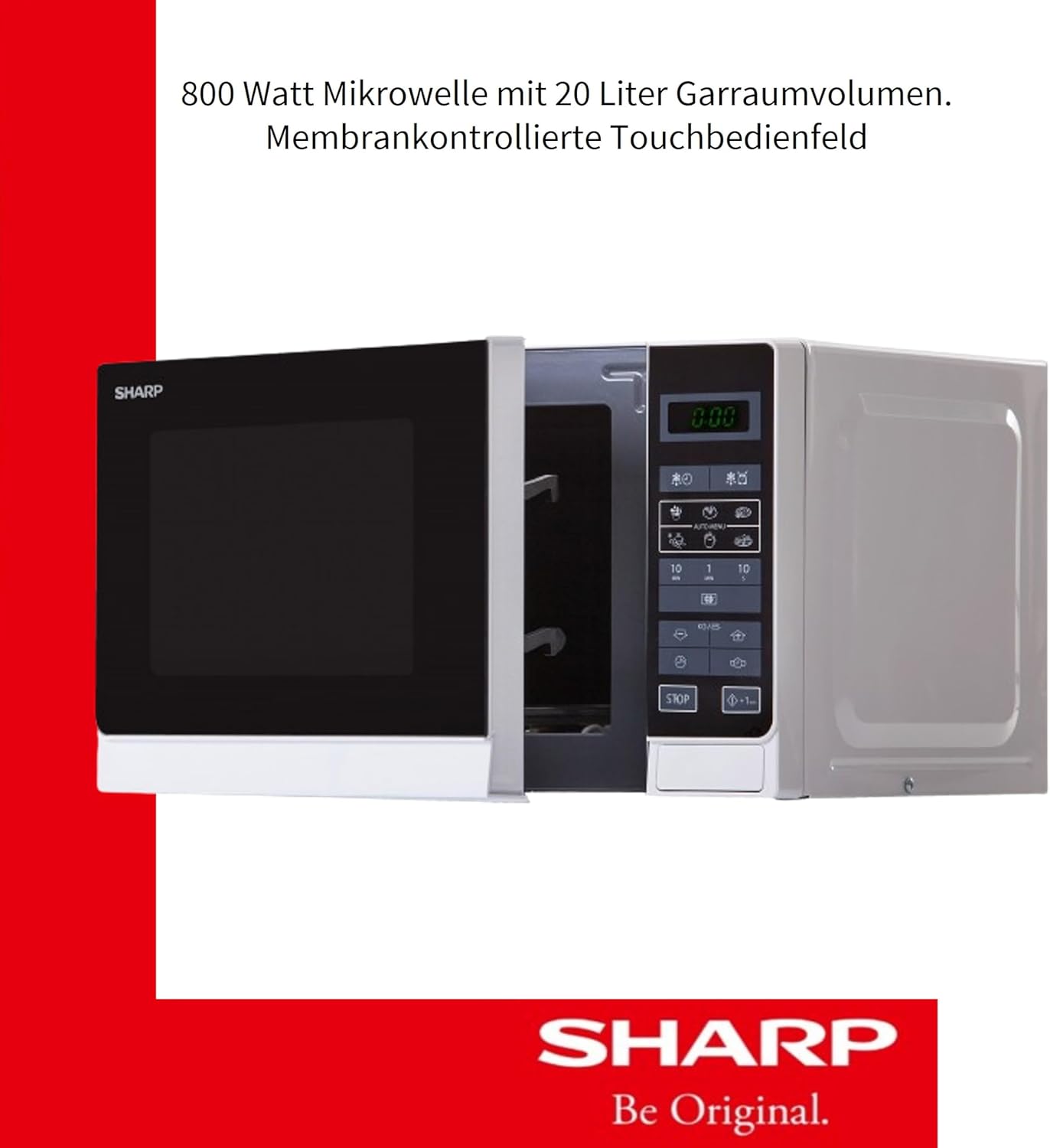 Sharp R242INW Solo-Mikrowelle / 20 L / 800 W / 5 Leistungsstufen / 8 Automatikprogramme / Gewicht- und zeitgesteuerte Auftauen / Kindersicherung / Energiesparmodus / Glasdrehteller (25,5 cm) / silber
