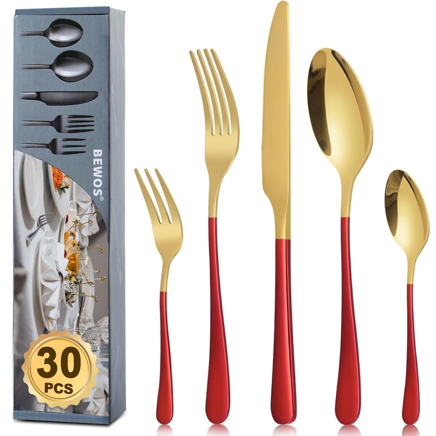 BEWOS Besteck Set für 6 Personen, 30 teilig Essbesteck Set inkl. Messer, Gabel, Löffel, Besteck Edelstahl Spiegelpoliert, Spülmaschinenfest