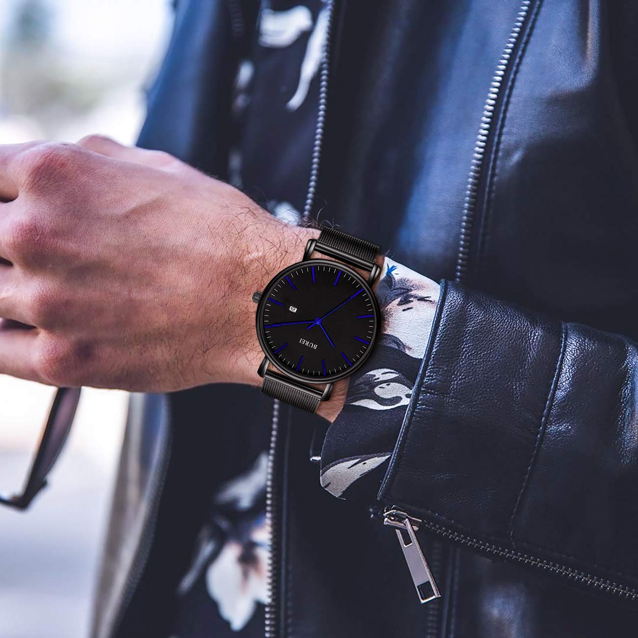 BUREI Ultra Dünne Uhren Herren Schwarze Analoges Datum Armbanduhr Herren mit Japanisches Quarzwerk, Geschenke für Männer