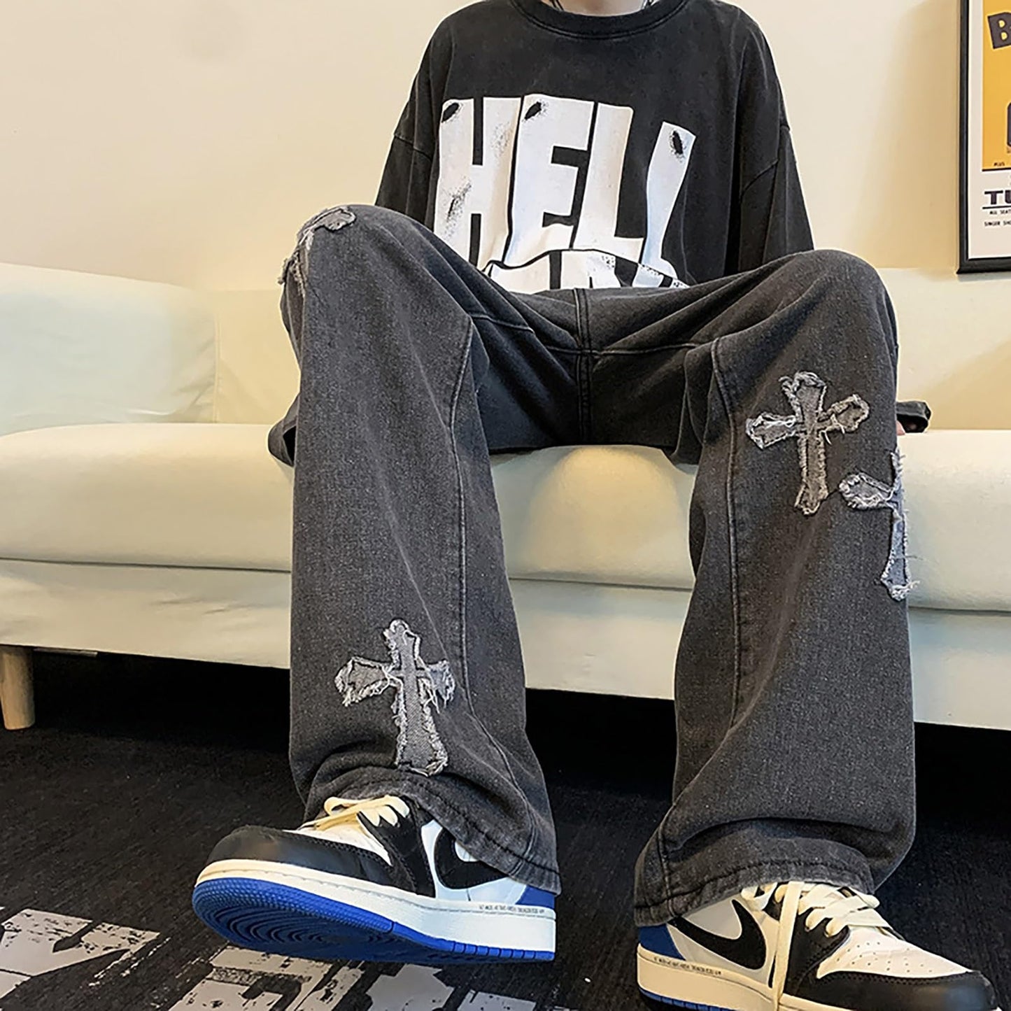 Y2K Vintage Effect Baggy Jeans for Men with Cross Print