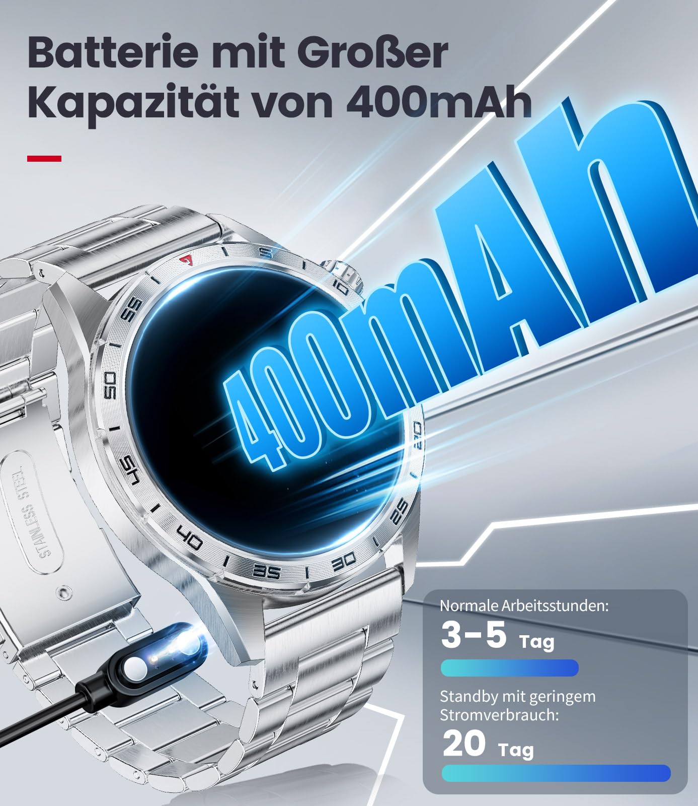 LIGE Smartwatch Herren mit 400mAh Lange Akkulaufzeit für Android iOS,1.43'' Amoled Display,110+ Sportmodi,Bluetooth-Anrufe,IP68 Wasserdicht Fitnessuhr mit Herzfrequenz, SpO2, Schlafmonitor,3 Armbänder