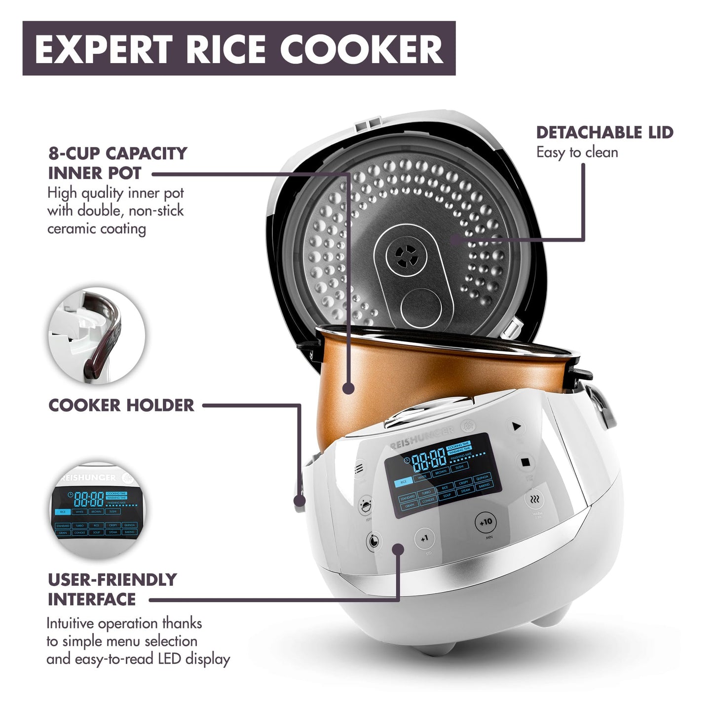 REISHUNGER Digitaler Reiskocher & Dampfgarer Grau | 1,5 L bis 8 Personen | Warmhaltefunktion, Timer & Premium Innentopf | Multikocher, 12 Programme, 7-Phasen-Technologie