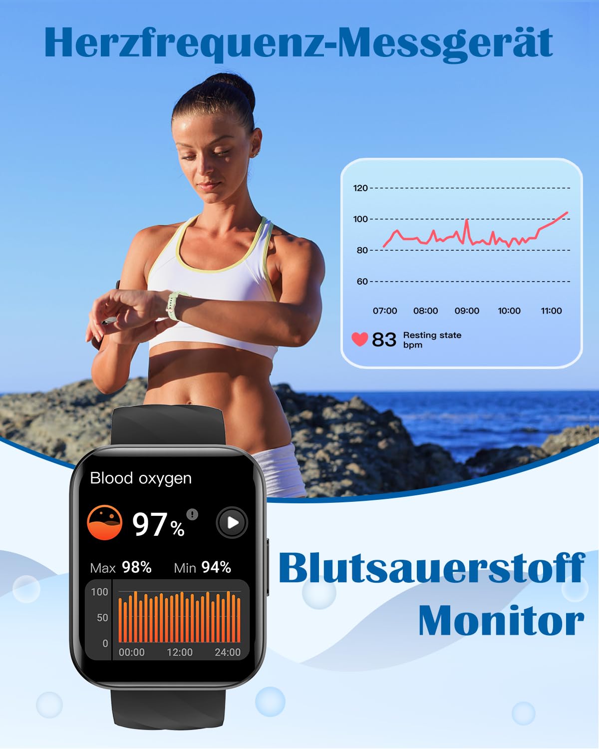 RUIMEN Smartwatch Damen Herren mit Telefonfunktion Fitnessuhr Schrittzähler Uhr mit Pulsmesser SpO2 Messung Schlafüberwachung Nachrichten Multi Trainingsmodi Smart Watch Wasserdicht Für Android iOS