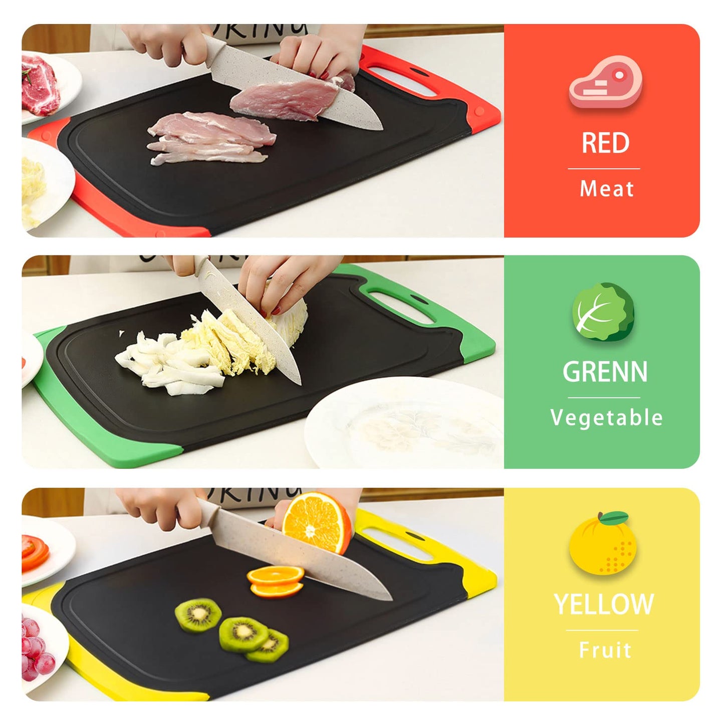 Schneidebrett Set 3 Stück | Schwarz Schneidebrett Kunststoff mit Saftrillen und rutschfeste Griffe | Schneidebretter Groß Antibakteriell | Küchenbrett BPA-Free für die Küche Obst/Gemüse/Fleisch