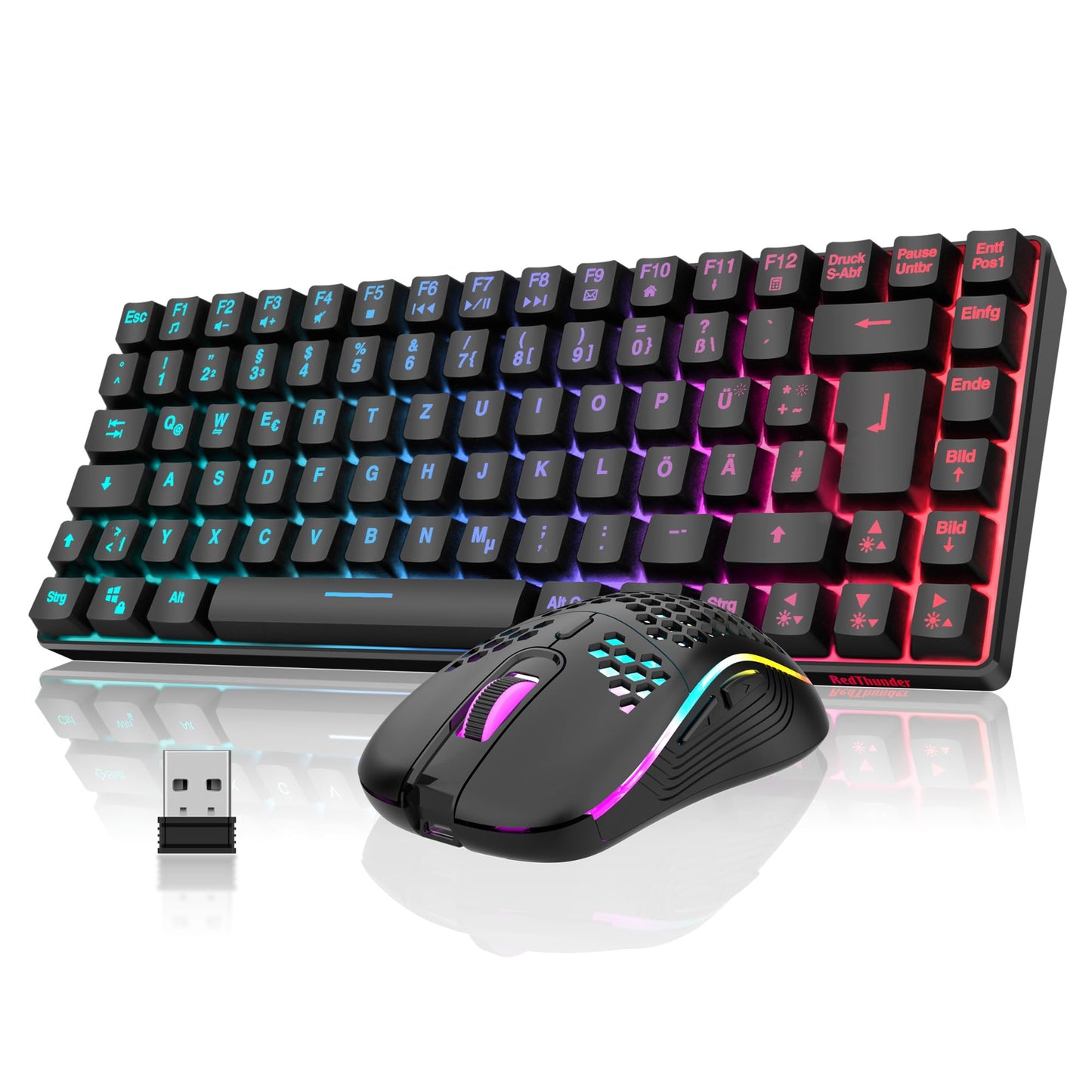 RedThunder 75% Kabelloses Gaming Tastatur und Maus Set, QWERTZ DE Layout, 85 Tasten TKL Wiederaufladbare Kompakte Tastatur, Ultraleichte 7200DPI-Maus mit Wabenkonstruktion für PC MAC PS5 Xbox Gamer