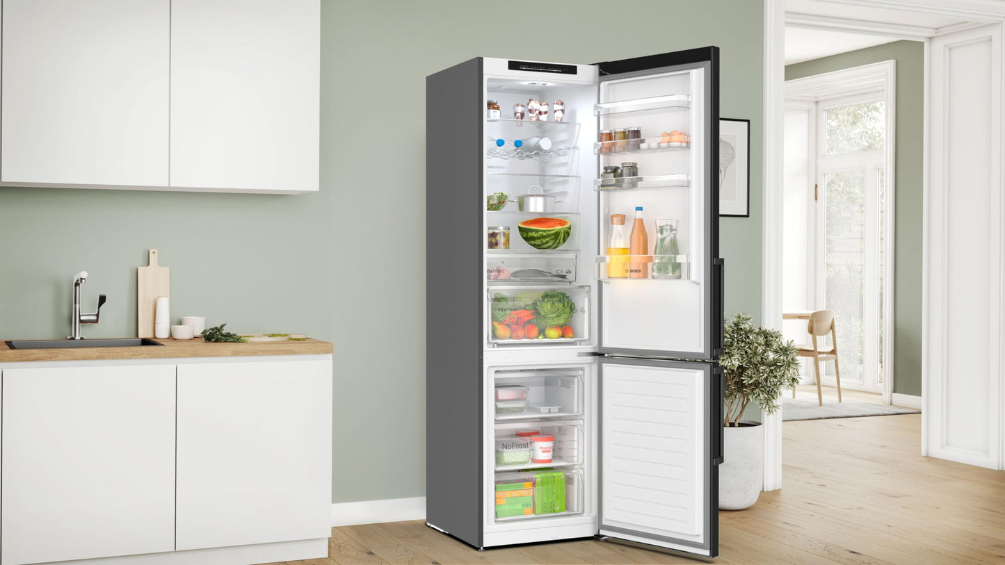 Bosch KGE398IBP, Serie 6, Kühl-Gefrier-Kombination, 201 x 60 cm, 249 L Kühlen & 94 L Gefrieren, LowFrost, BigBox für Gefriergut, längere Frische mit VitaFresh, Leise mit 38 dB, LED, AntiFingerprint