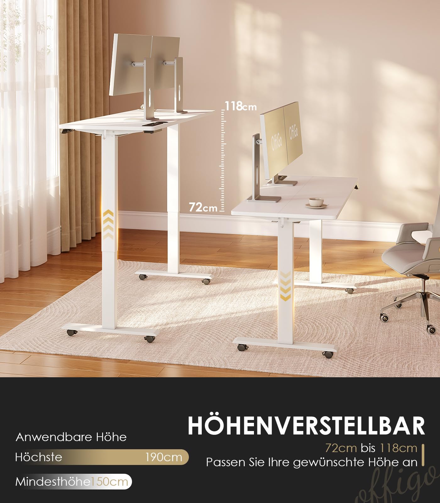 OffiGo Höhenverstellbarer Schreibtisch, 180cm, Elektrischer Schreibtisch mit USB, Schreibtisch Höhenverstellbar mit 2 Memory Funktion, Tisch Höhenverstellbar für Büro, Zuhause, Gaming, Schwarz