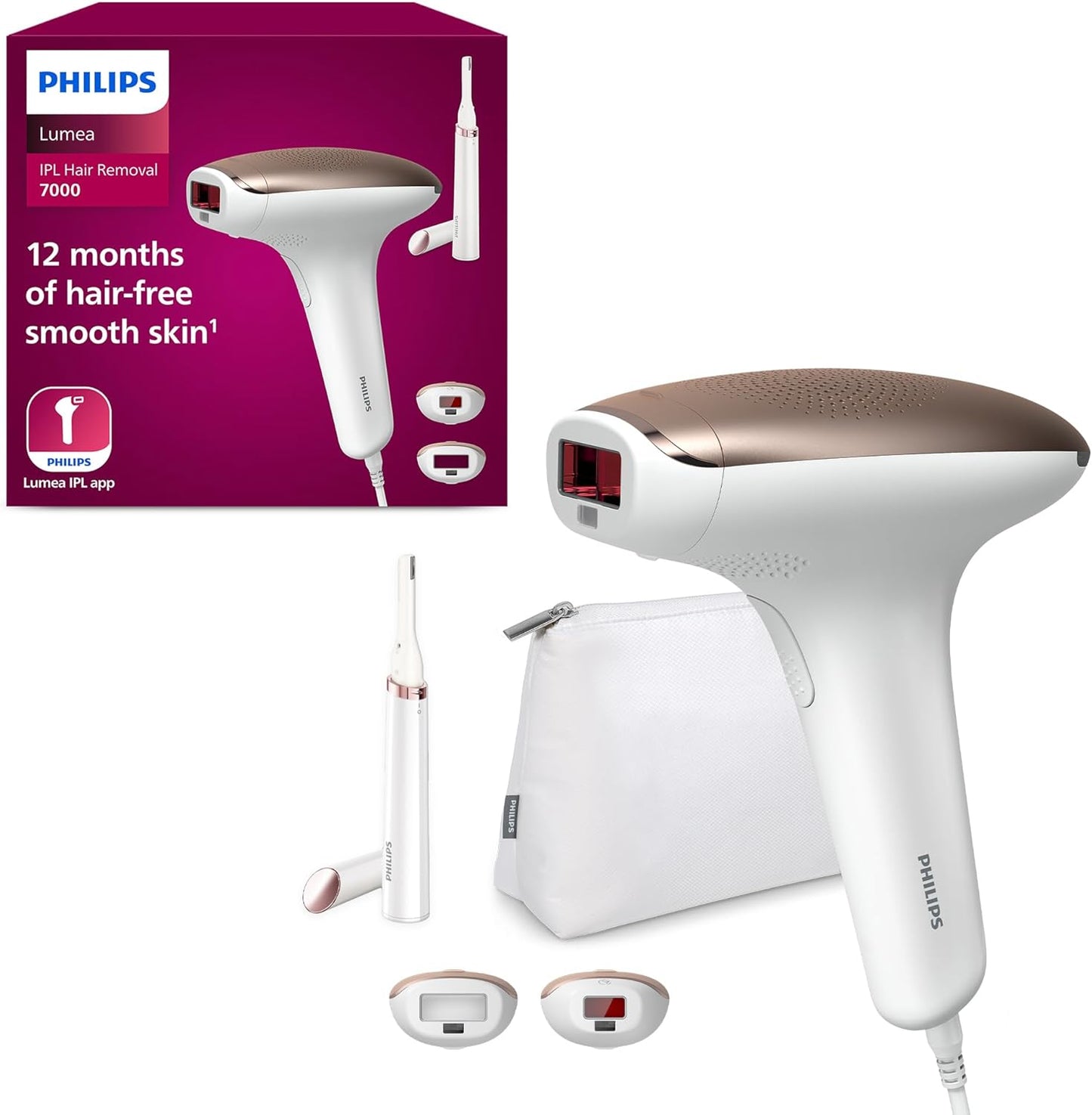 Philips Lumea IPL Haarentfernungsgerät 7000 Series – Haarentfernungsgerät mit Satin Compact Korrekturtrimmer, 2 Aufsätze für Körper und Gesicht (Modell BRI921/00)