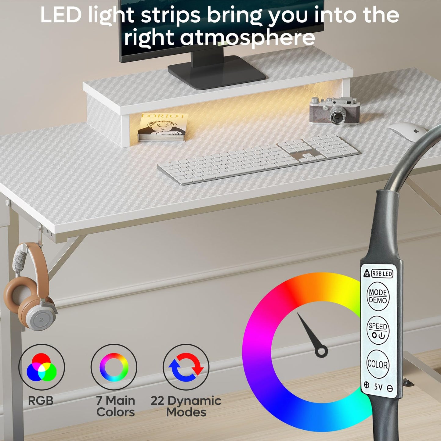 Bestier Kleiner Gaming-Schreibtisch 106,6 cm LED Computerschreibtisch mit Monitorständer, Gamer-Arbeitsstation mit Becherhalter & Headset-Haken für Home-Office, Schlafzimmer, kleine Räum