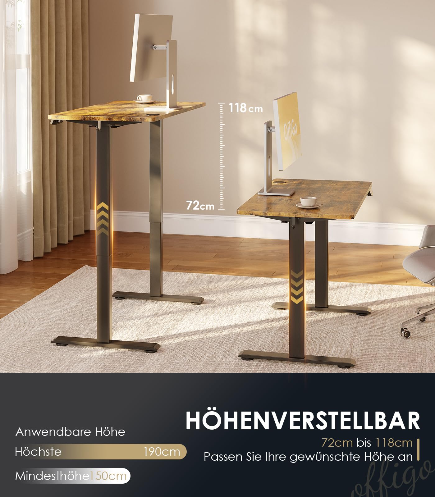 OffiGo Höhenverstellbarer Schreibtisch, 120 cm Elektrischer Schreibtisch, Ergonomischer Tisch mit Memory-Funktion, Gaming Tisch Höhenverstellbar, Moderner Computertisch für Zuhause und Büro, Weiß