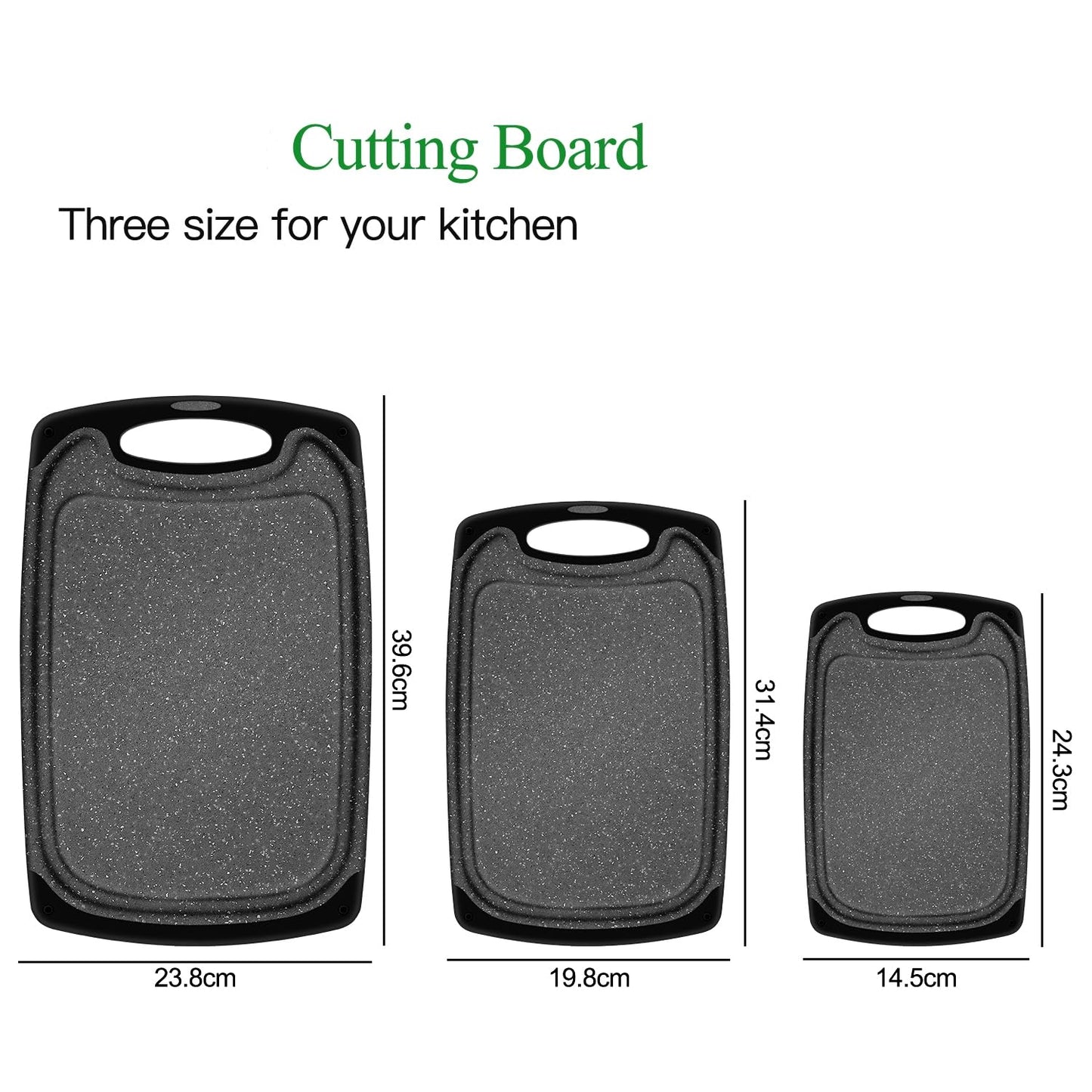 SHURFFY Schneidebrett Kunststoff mit Saftrillen und Rutschfeste Griffe Professionelles Schneidebrett Set, 3 Stücke Cutting Board, BPA-Free, Spülmaschinenfest Küchenbrett