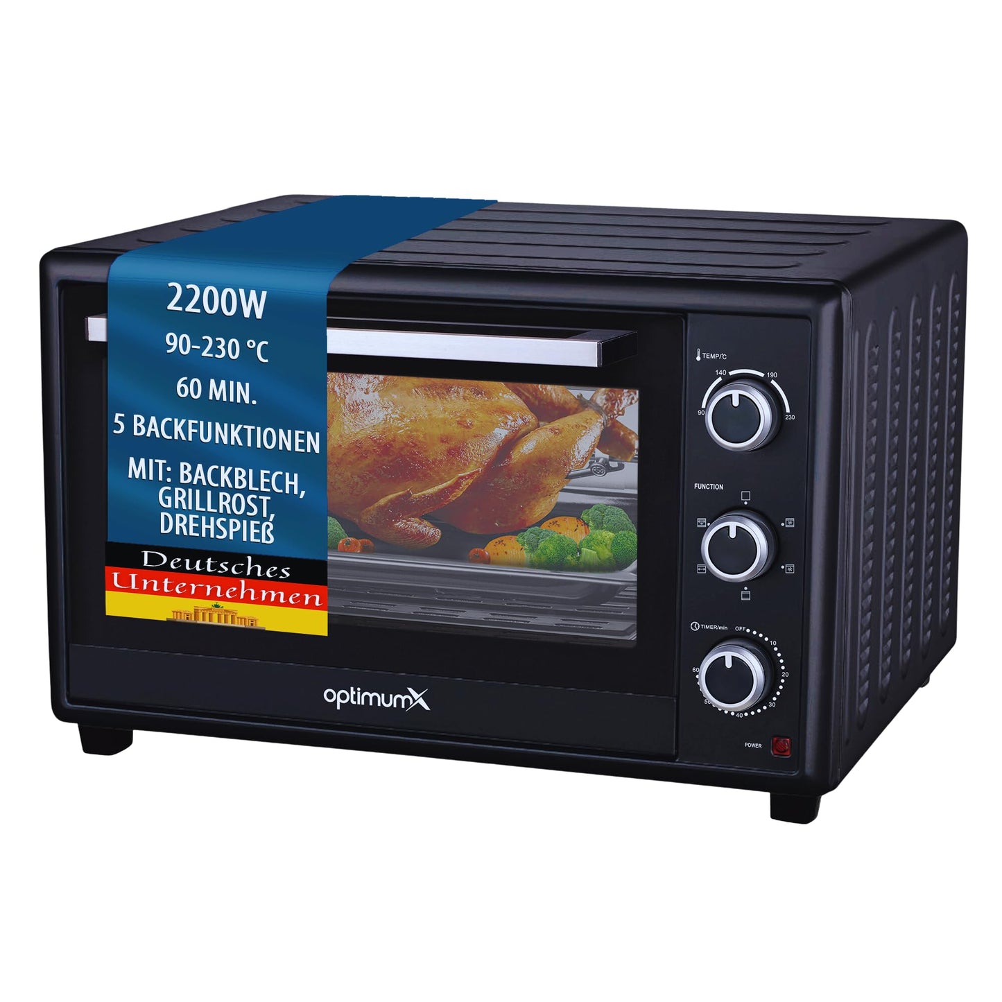 OptimumX 20 L Minibackofen, Klein mini Backofen mit Umluft, 60 Min Timer, Pizza-Ofen, 1380 W, Schwarz