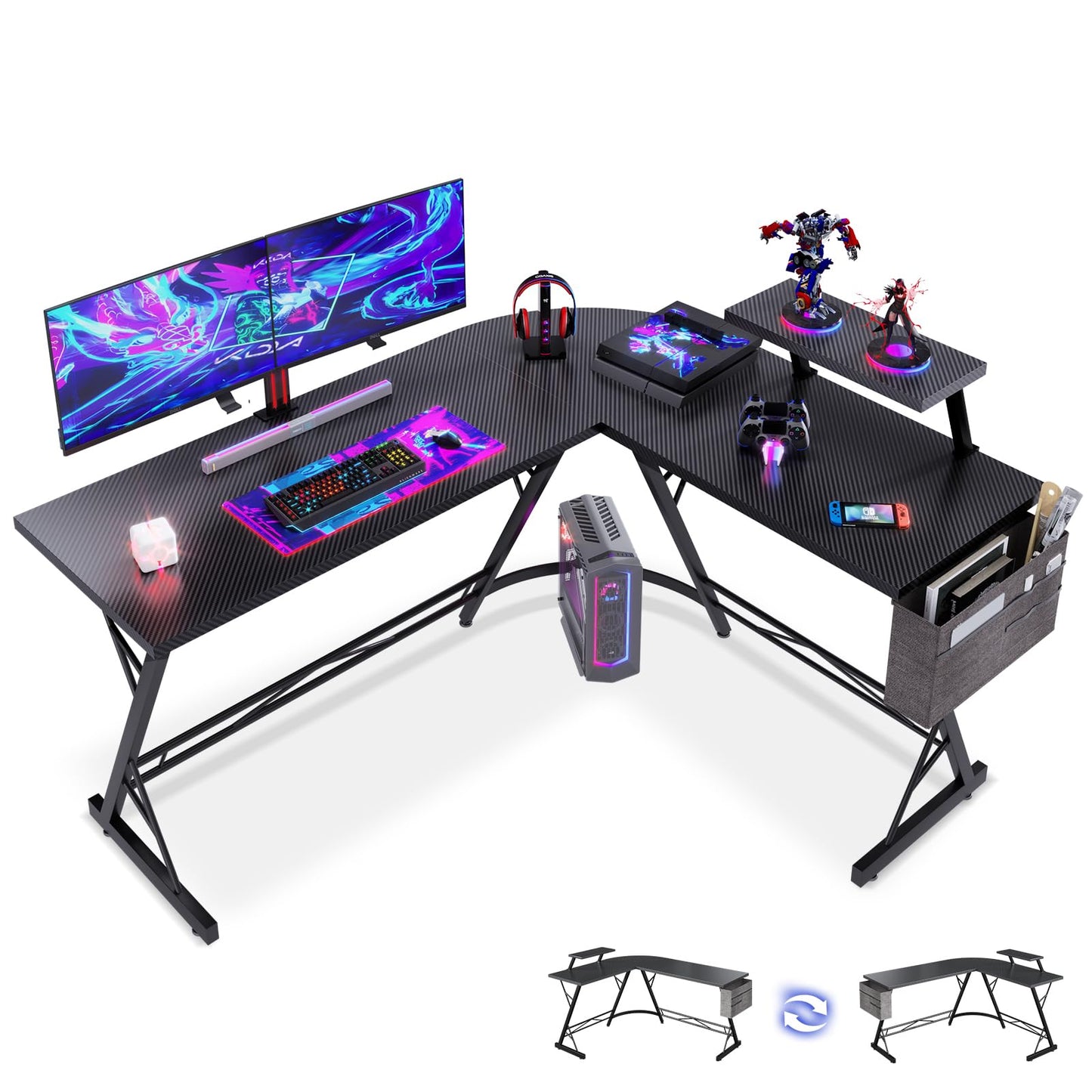ODK Gaming Tisch, Gaming Schreibtisch Eckschreibtisch für Gamer, Schreibtisch L Form mit Monitorständer für Büro (Schwarz, 127 x 127 cm)