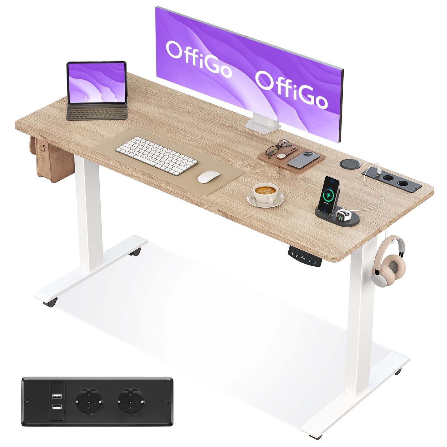 OffiGo Höhenverstellbarer Schreibtisch, 180cm, Elektrischer Schreibtisch mit USB, Schreibtisch Höhenverstellbar mit 2 Memory Funktion, Tisch Höhenverstellbar für Büro, Zuhause, Gaming, Schwarz