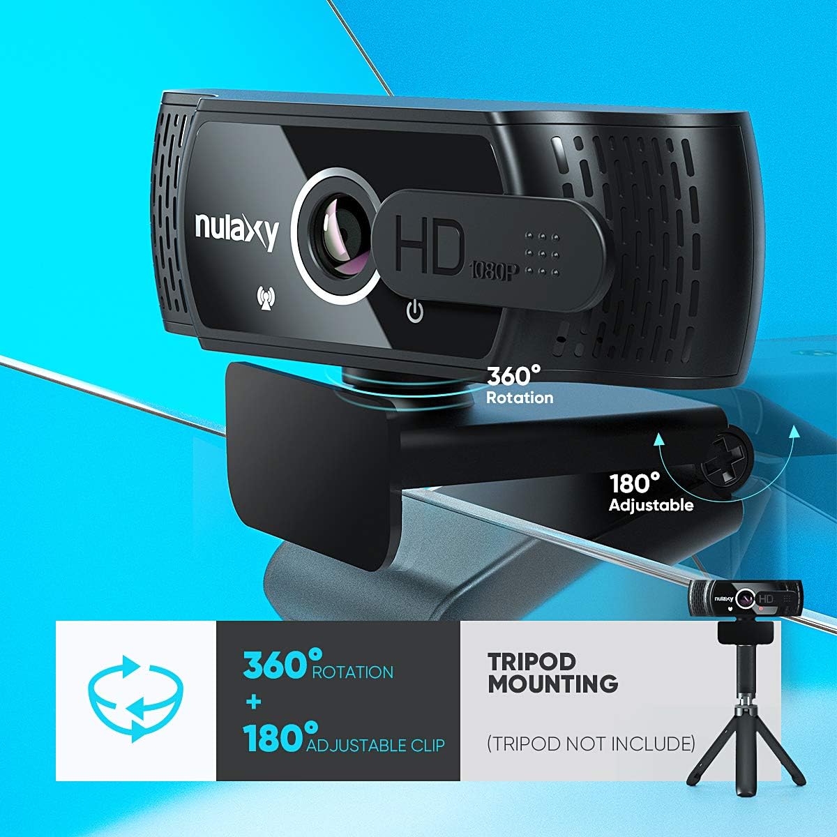 Nulaxy C900 Webcam mit Mikrofon, FHD 1080P Webcam mit Abdeckung, USB Plug & Play, Laptop PC Kamera für Video-Streaming, Konferenz, Spiele, Kompatibel mit Windows,Linux,Android