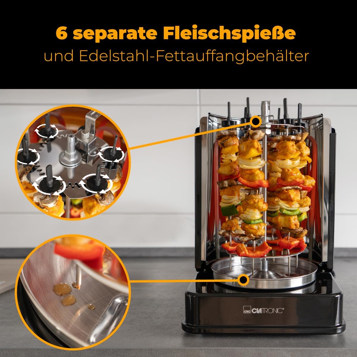 Clatronic® Döner-Vertikal-Multigrill | Multigrill Perfekt für Gyros, Kebab & mehr | Gyrosgrill für Fettfreies Grillen zuhause | Dönergrill Inkl. Drehspieß & 6 Fleischspieße | DVG 3686