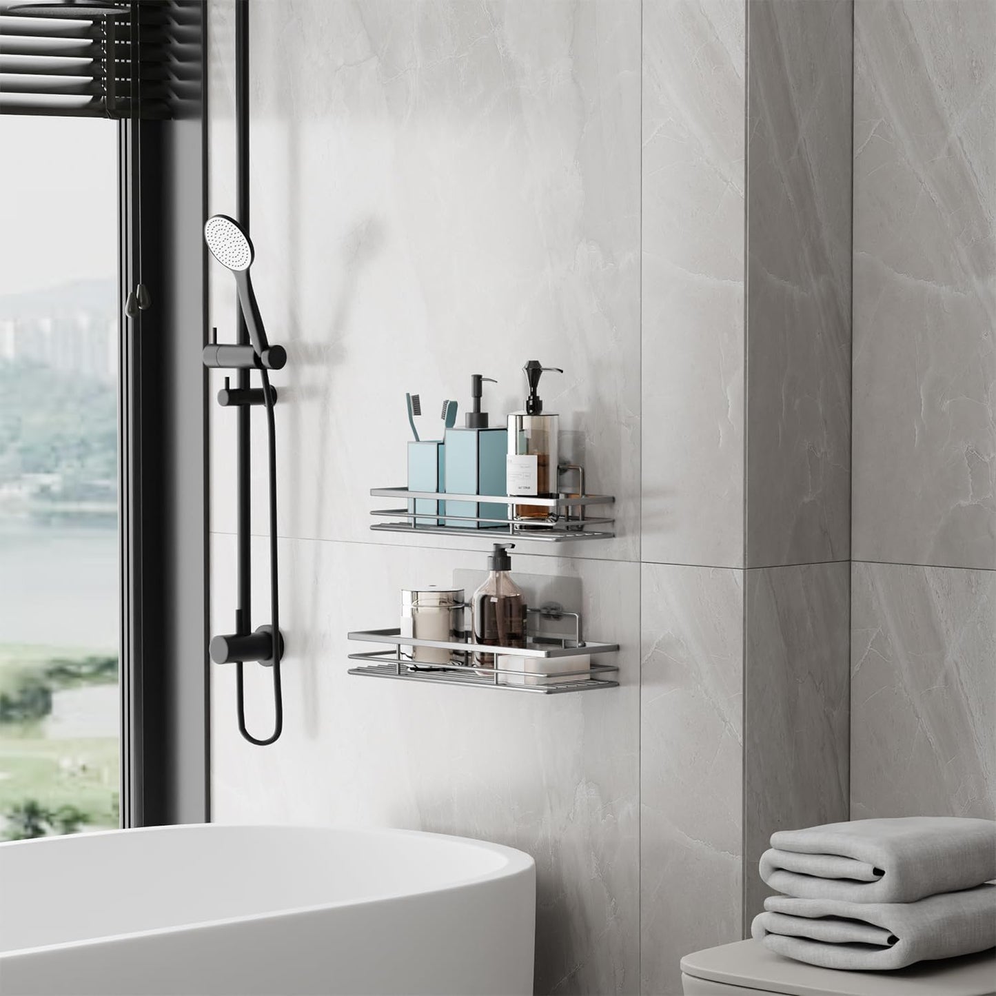 saffruff Duschablage Ohne Bohren 2 Stück Duschregal Duschkorb Badezimmer Organizer, Regal Badregal Shampoo Halterung für Dusche Küche Bathroom, mit 2 Klebeflächen,Edelstahl Schwarz