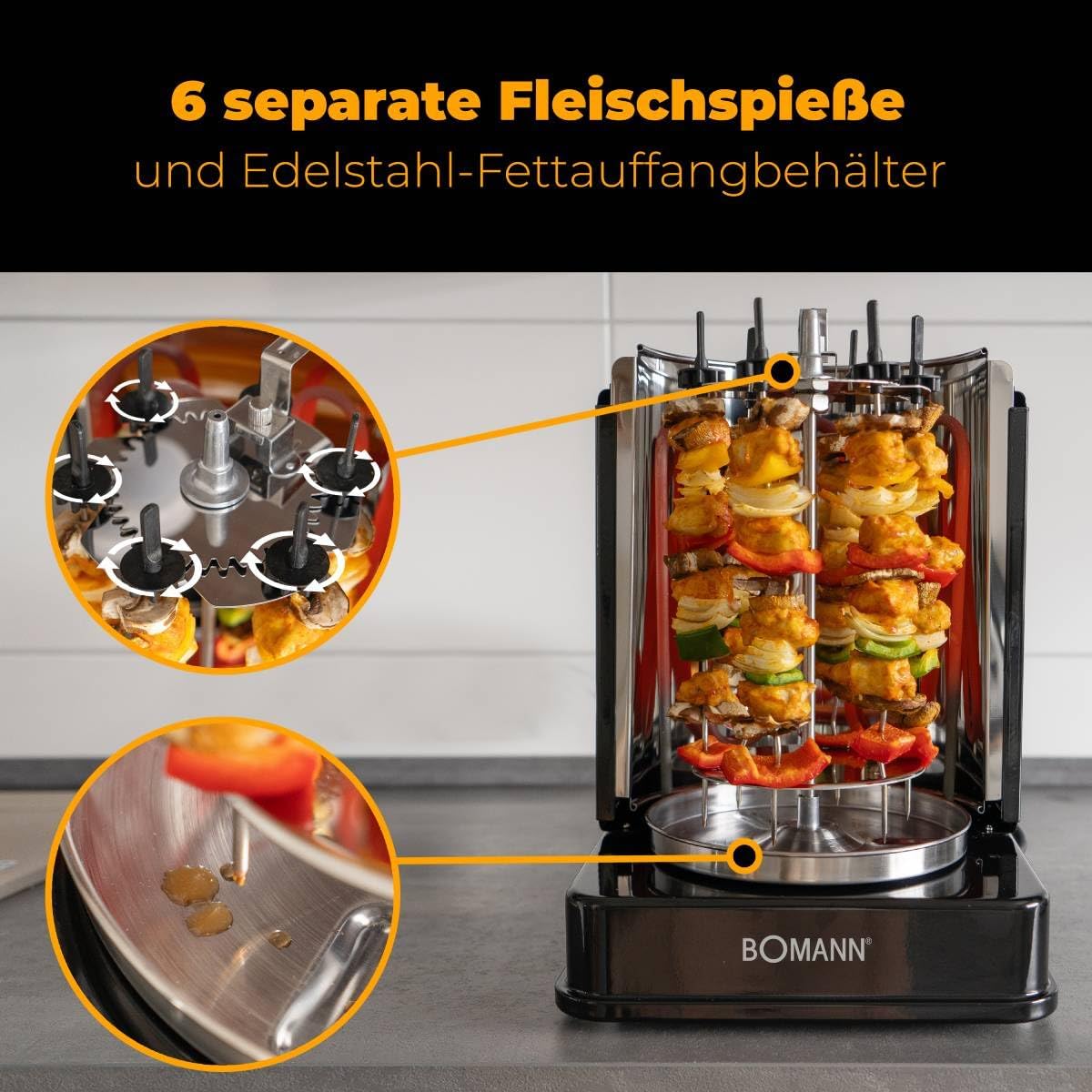 Bomann® Döner-Vertikal-Multigrill | Multigrill Perfekt für Gyros, Kebab & mehr | Gyrosgrill für Fettfreies Grillen zuhause | Dönergrill Inkl. Drehspieß & 6 Fleischspieße | DVG 3006 CB