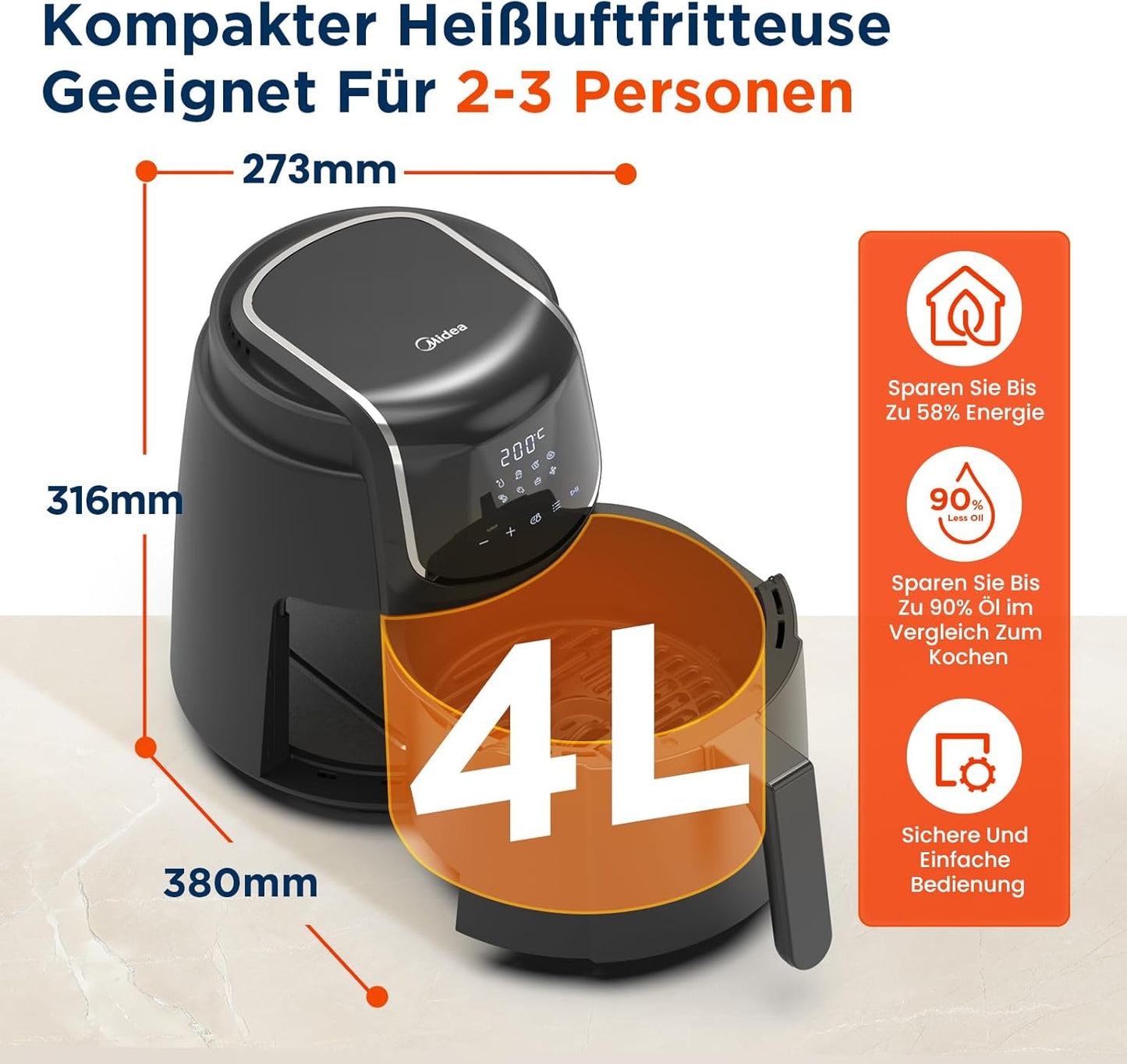 Midea MF-CN40C2 Heißluftfritteuse 4L, Ölfreie Airfryer 1500W, 8 Vorprogrammierte Kochmodi, 35-200℃, Backen, Braten, Grillen, Auftauen, Schüttelalarm, 60-Minuten Timer, 41 Rezepten, Spülmaschinenfest