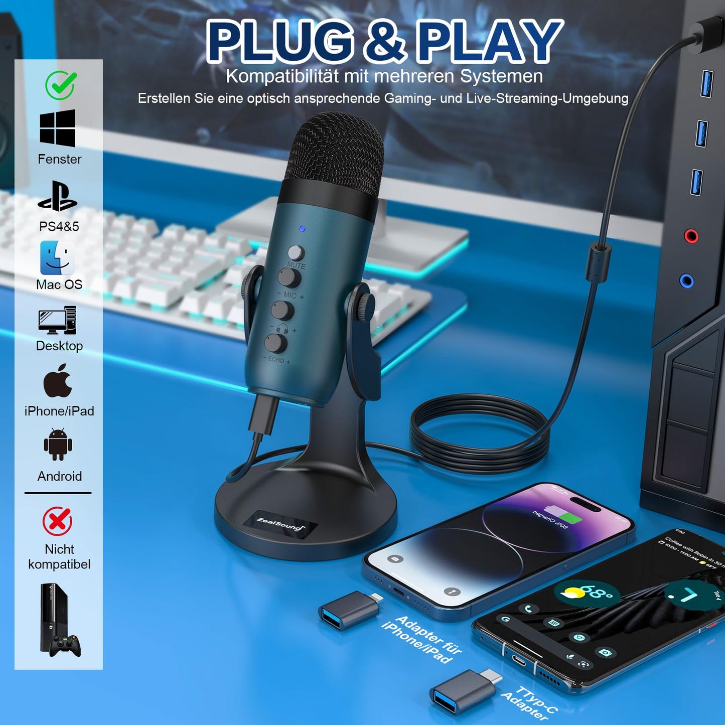 zealsound USB Mikrofon, Kondensator Mikrofon für PC Handy, PS4, PS5, Microphone PC USB C für Gaming, Podcast,Aufnahmen,Streaming,ASMR mit Stumm/Gain/Echo, Adapter für Phone,Kompatibel mit Mac, Winows