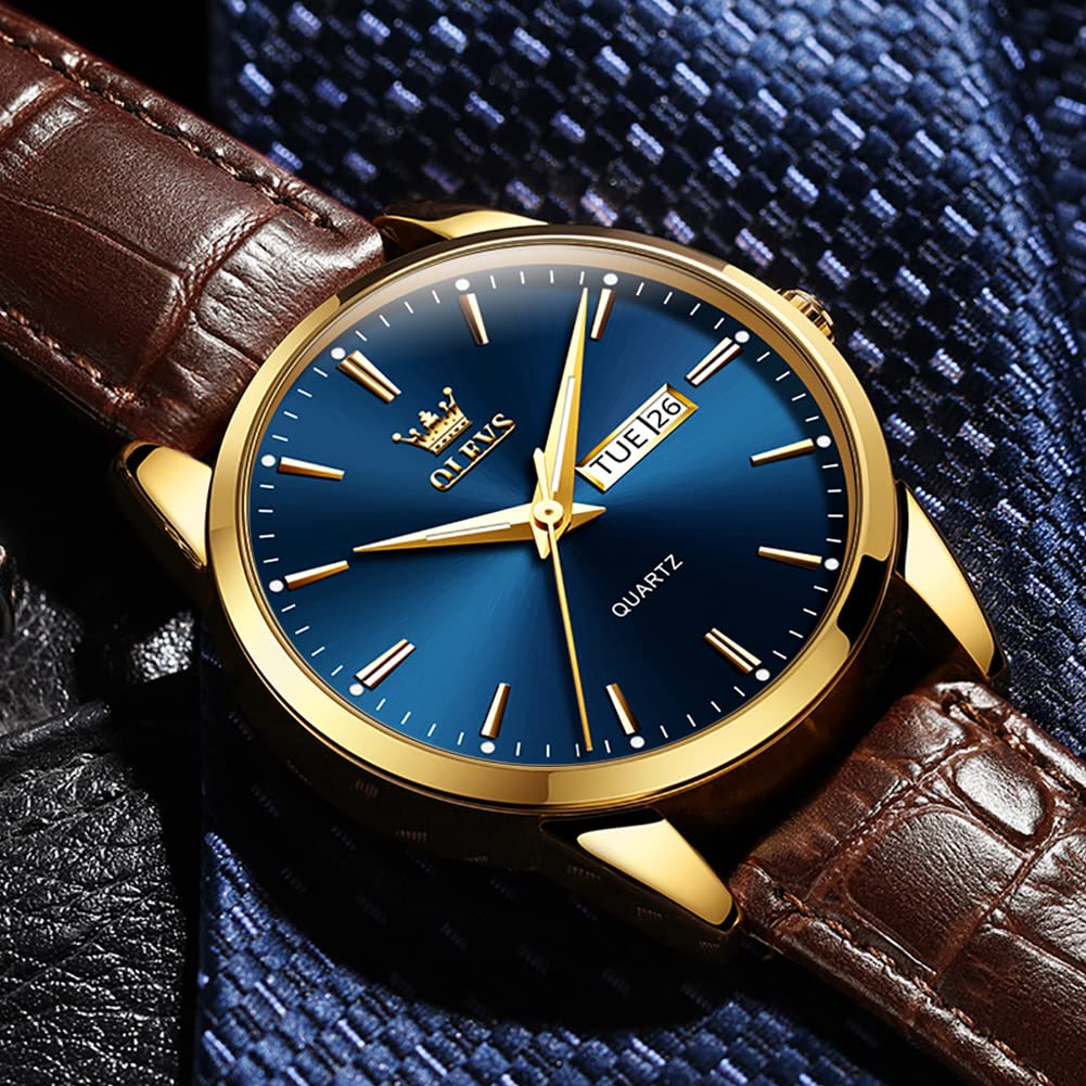 OLEVS Herrenuhren Braune Schwarz Lederarmband Quarz Uhr Männer mit Wochentag Datum Wasserdicht Leuchtende Klassische Elegantes Armbanduhr Geschenk