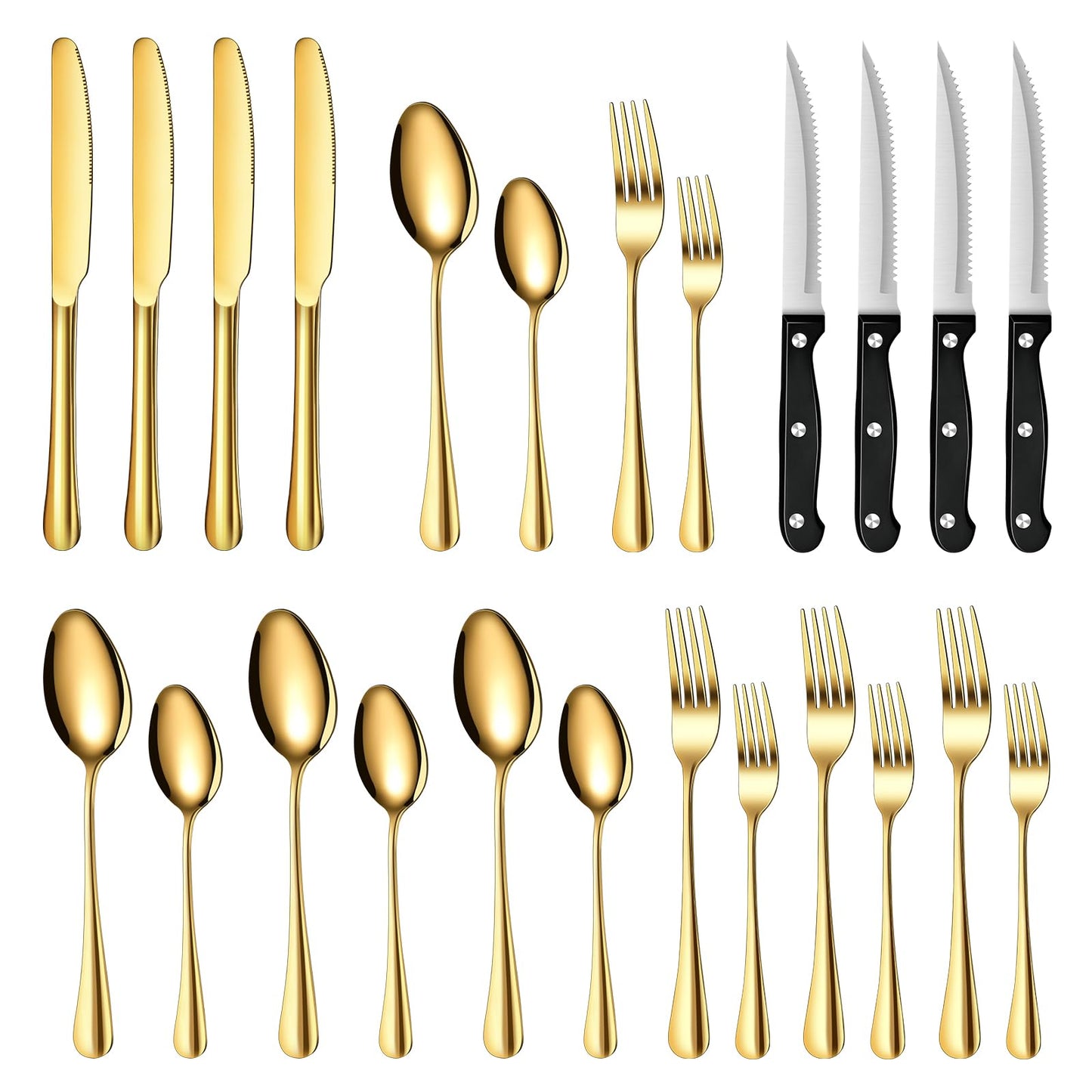 TAN REN Besteck Set Schwarz 6 Personen, 36-Teiliges Edelstahl Besteckset Schwarz mit Steakmesser, Elegantes Essbesteck mit Messer Gabel Löffel, Tafelbesteck für Küche/Restaurant
