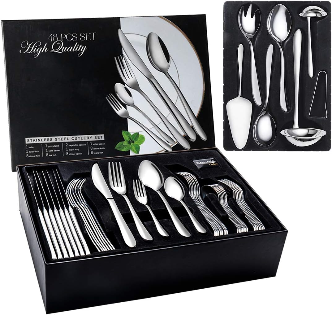 48 teiliges Besteck Set 8 Personen, Edelstahl Besteckset mit Servierbesteck, Essbesteck mit Gabeln Messer Löffel Servierset, poliert, Spülmaschinenfest