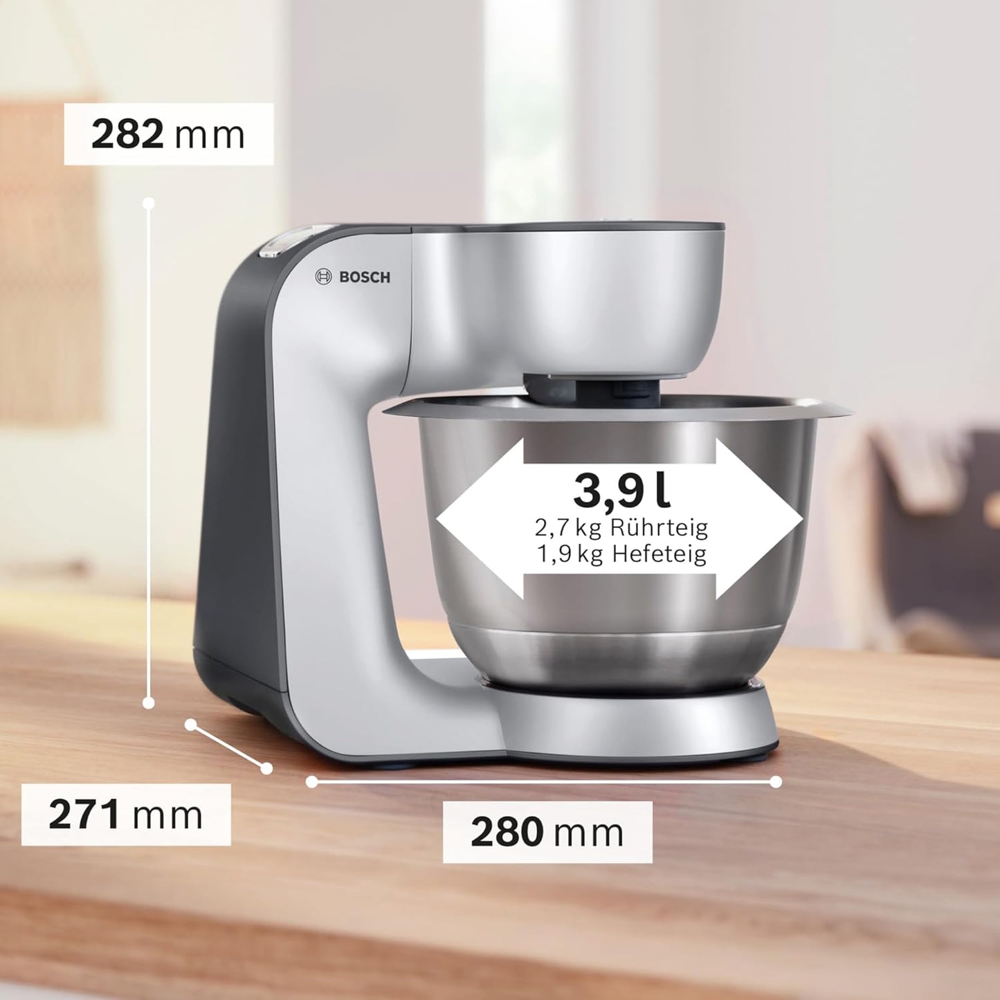 Bosch Küchenmaschine Serie 4, Schüssel 3,9 L, Mixer 1,25 L, Fleischwolf, Zitruspresse, Planetenrührwerk, Knethaken, Schlag-, Rührbesen, Durchlaufschnitzler, 3 Scheiben, 900 W, Silber/Grau