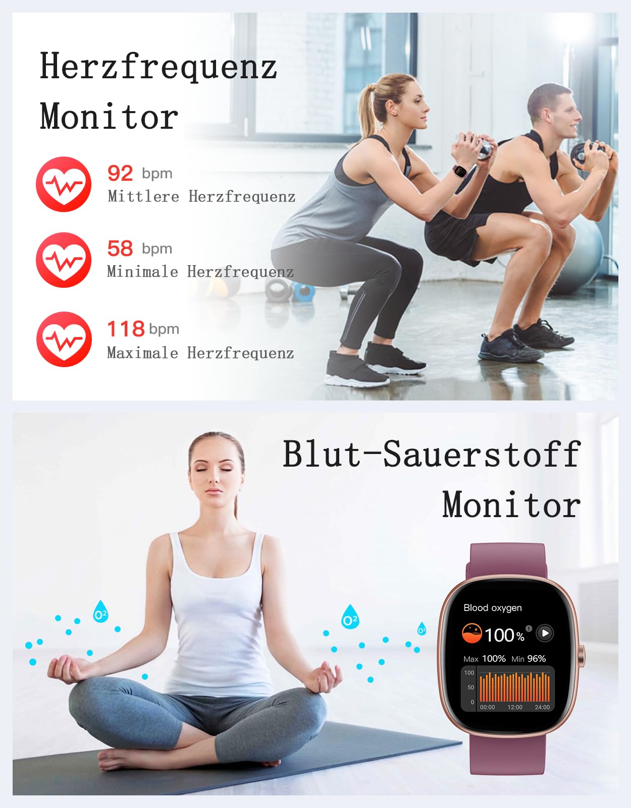 HUAKUA Smartwatch Damen Herren mit Telefonfunktion,1,85" Smartwatch mit 100+Sportmodi Fitnessuhr mit Pulsuhr Schlafmonitor SpO2 Schrittzähler Fitness Tracker IP68 Wasserdicht für Anforid iOS Handy