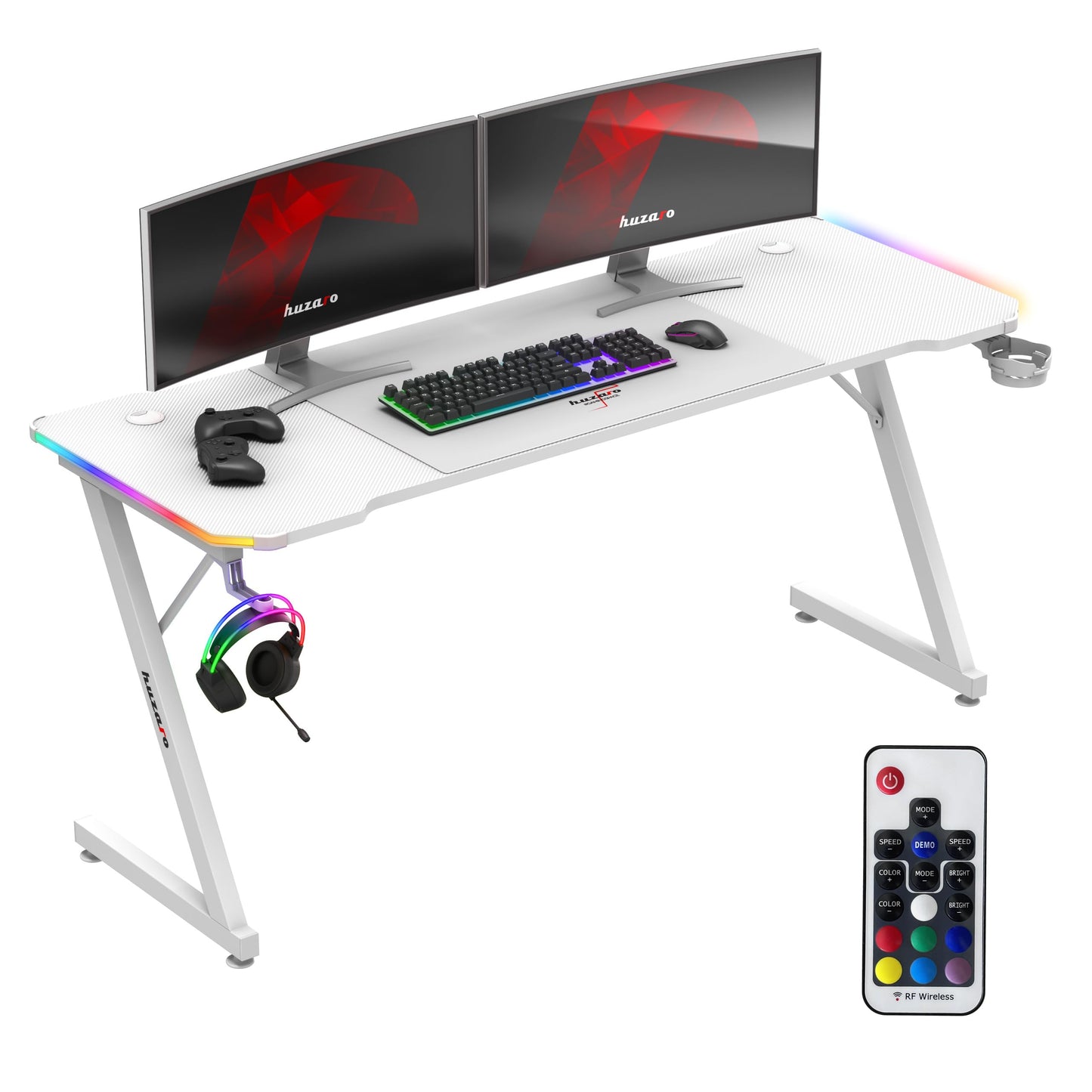 huzaro Hero 4.8 RGB | LED Gaming PC Tisch XXL Schreibtisch | Inklusive Mauspad | Kopfhörerhaken Getränkehalter | Kabelorganisator | Carbon Tischplatte | Stabiler Computertisch | 160x60cm | Schwarz