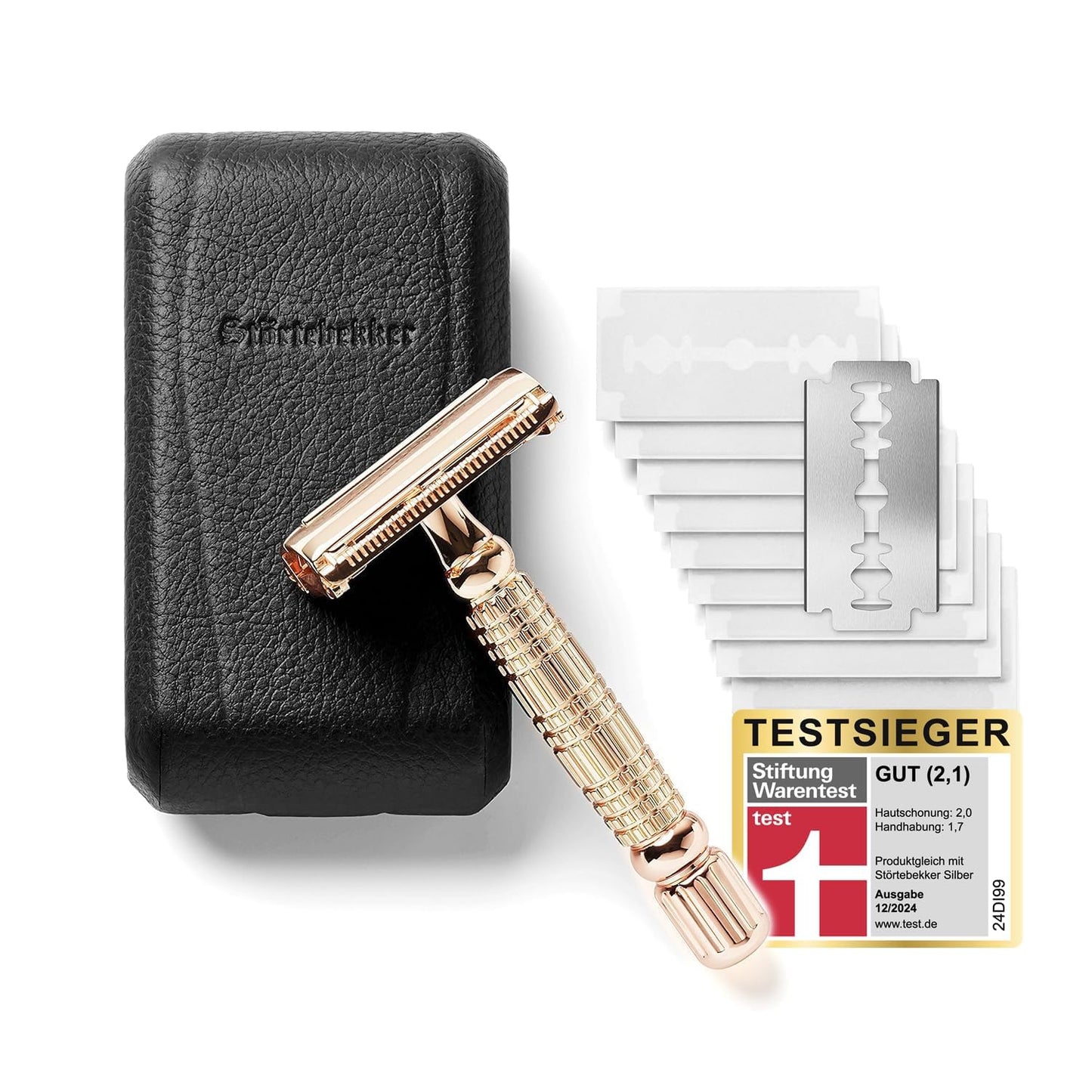 Störtebekker® Premium Rasierhobel ‘Hamburg’ im handgefertigten Leder-Etui - *TESTSIEGER* Stiftung Warentest (12/2024) - Rasier-Set mit 10 Rasierklingen, Reise-Etui & eingebautem Spiegel - Nassrasierer
