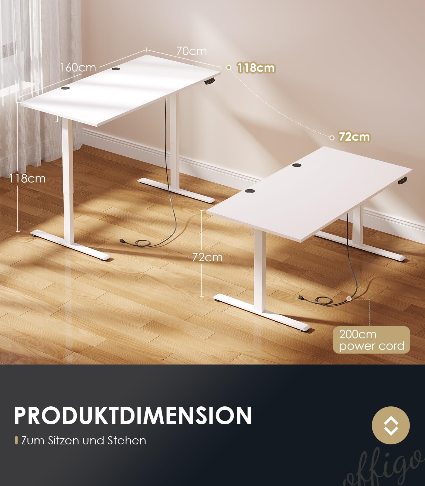 OffiGo Höhenverstellbarer Schreibtisch, 120 cm Elektrischer Schreibtisch, Ergonomischer Tisch mit Memory-Funktion, Gaming Tisch Höhenverstellbar, Moderner Computertisch für Zuhause und Büro, Weiß