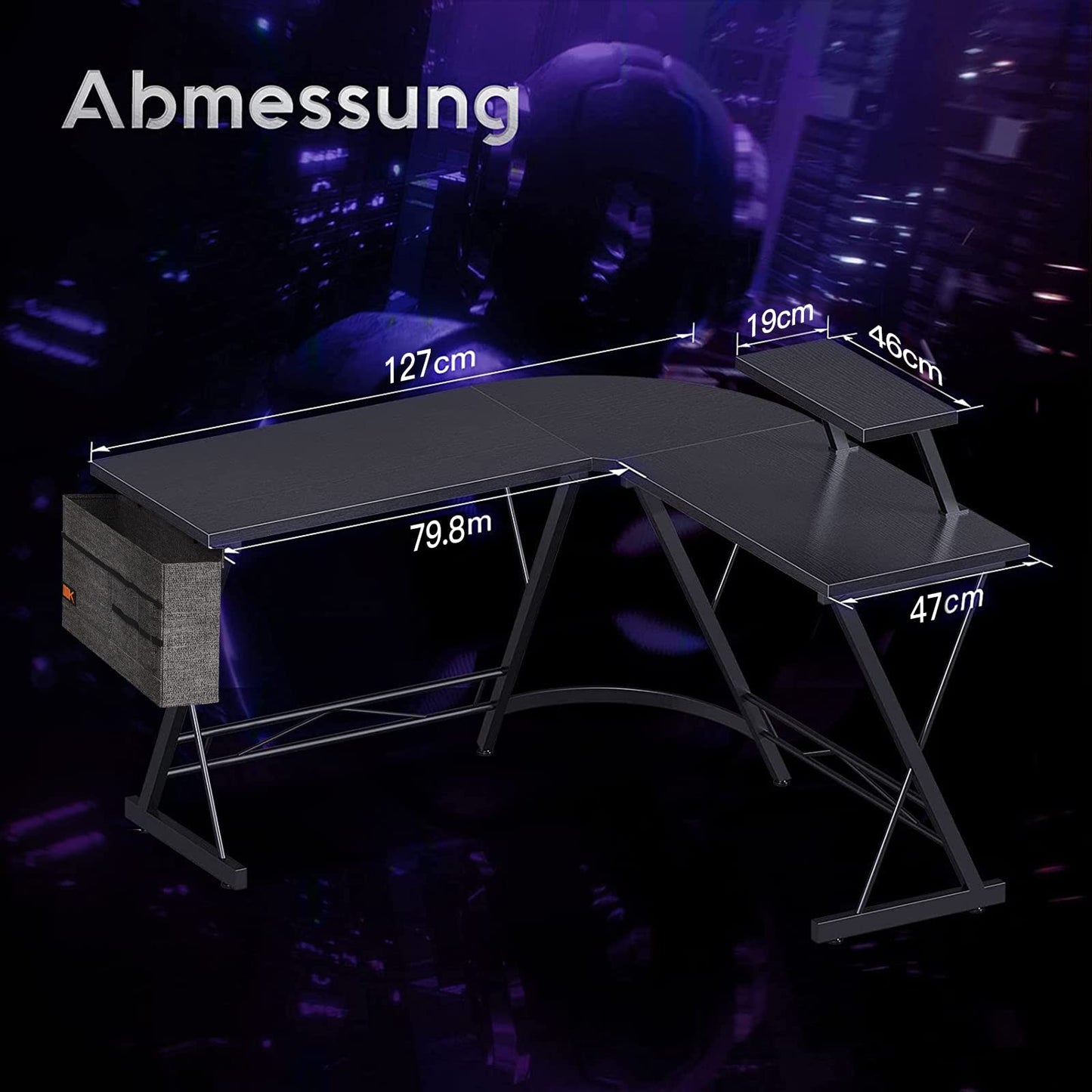 ODK Gaming Tisch, Gaming Schreibtisch Eckschreibtisch für Gamer, Schreibtisch L Form mit Monitorständer für Büro (Schwarz, 127 x 127 cm)