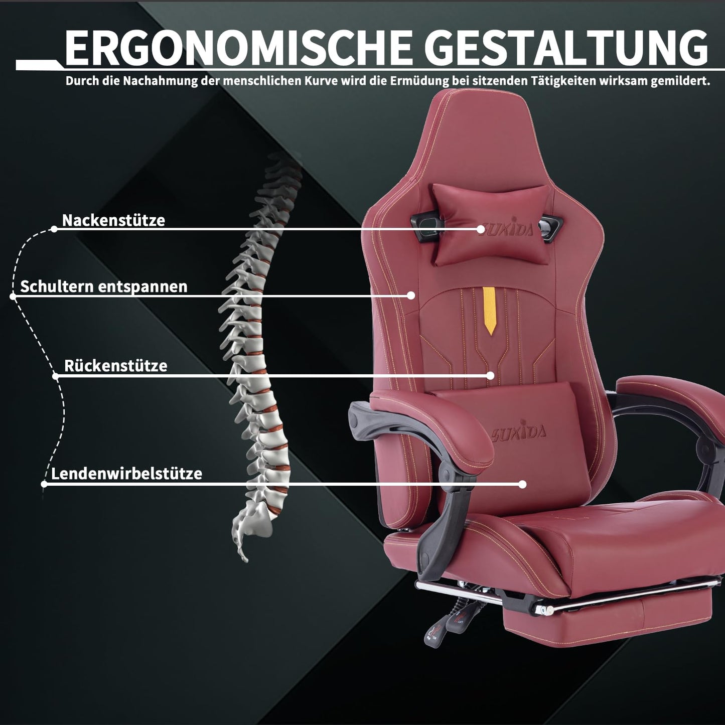 SUKIDA Gaming Stuhl Computerstuhl Ergonomischer Gaming Chair mit Fußstütze Bürostuhl Ergonomischer Computerstuhl mit Lendenwirbelstütze Schwarz