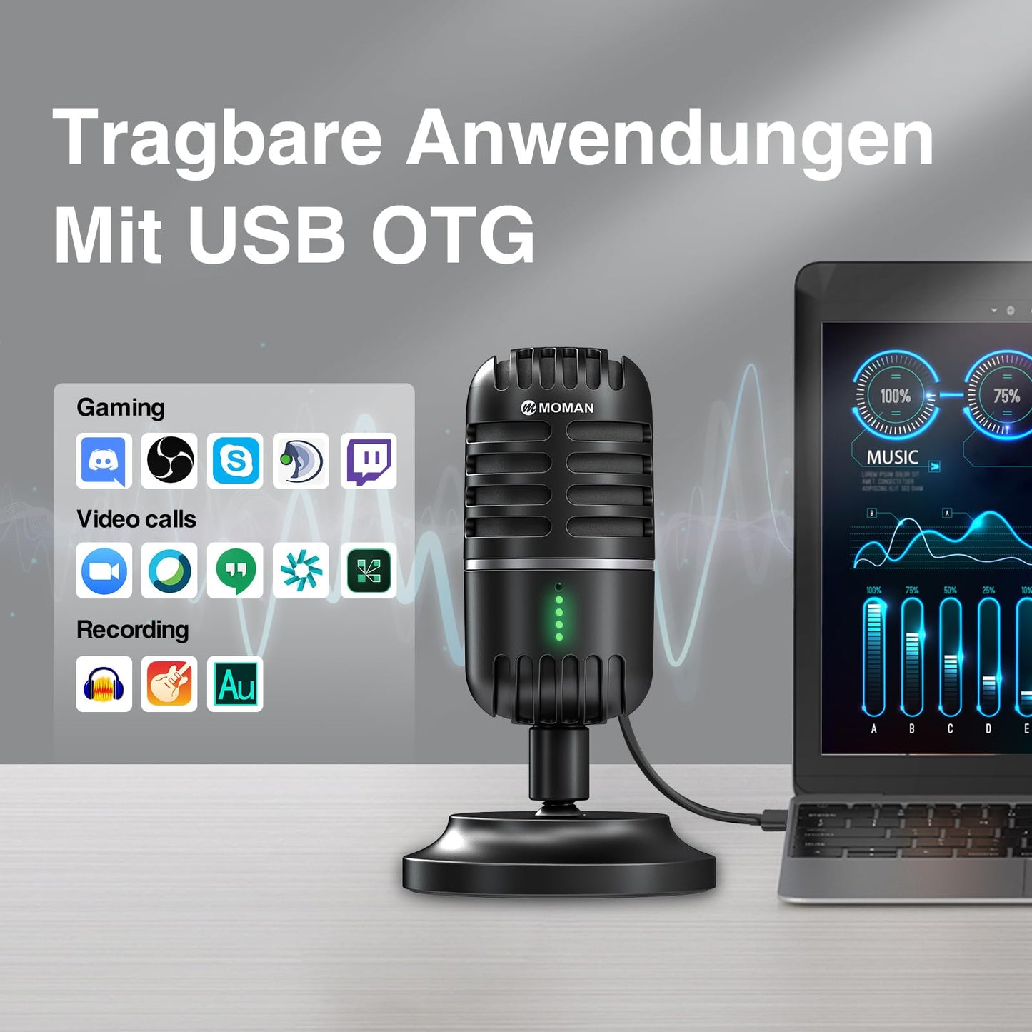 Mikrofon pc, Streaming Mikrofon für PC, PS4, PS5, Condenser Microphones USB C für Gaming, Podcast, Aufnahmen, Streaming, mit Stumm/Gain, Adapter für Phone,Kompatibel mit Mac, Winows